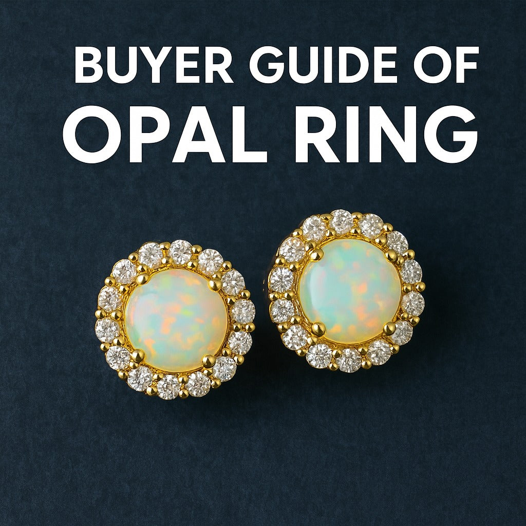 two round opal halo Ring with gold settings and diamond accents under the text “Buyer Guide of Opal Ring on a dark background.