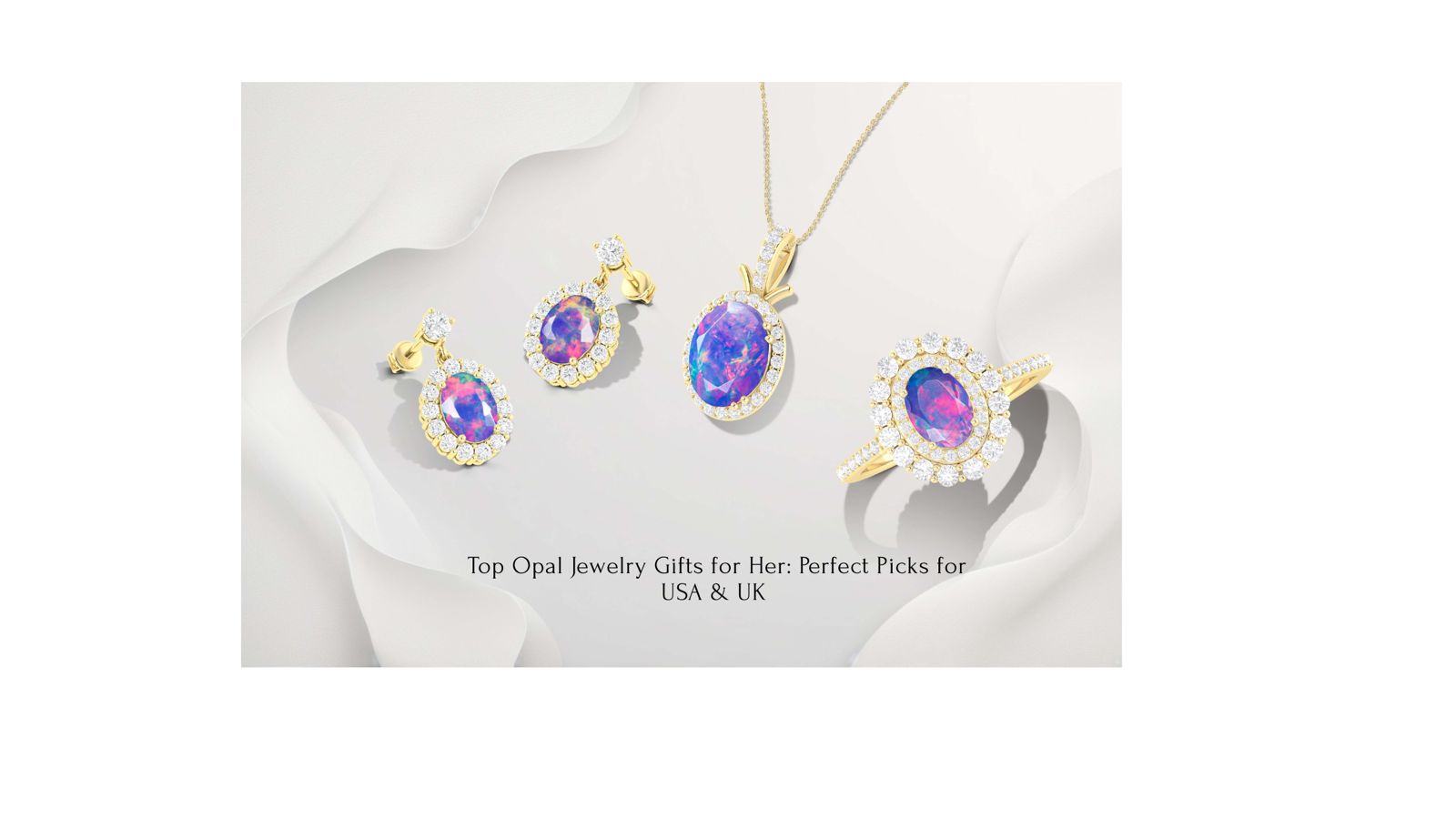 A set of gold opal jewelry including earrings, a pendant necklace, and a ring with oval multicolored opal stones surrounded by diamonds, displayed on a soft white background with the text
