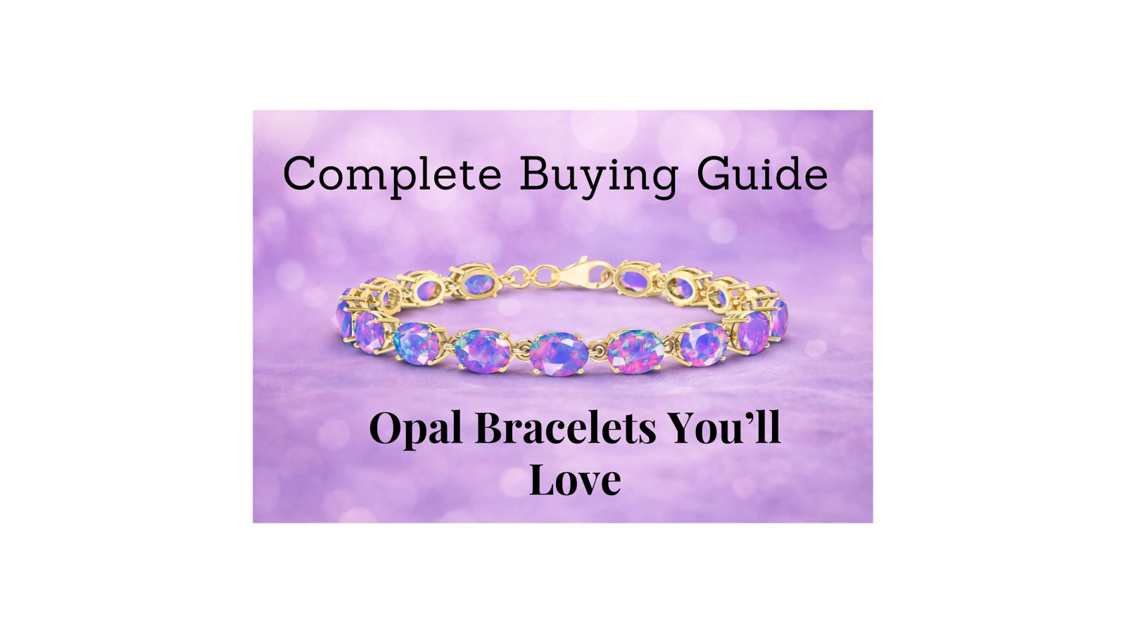 A gold bracelet with oval, multicolored opal gemstones displayed on a soft purple background, with the text
