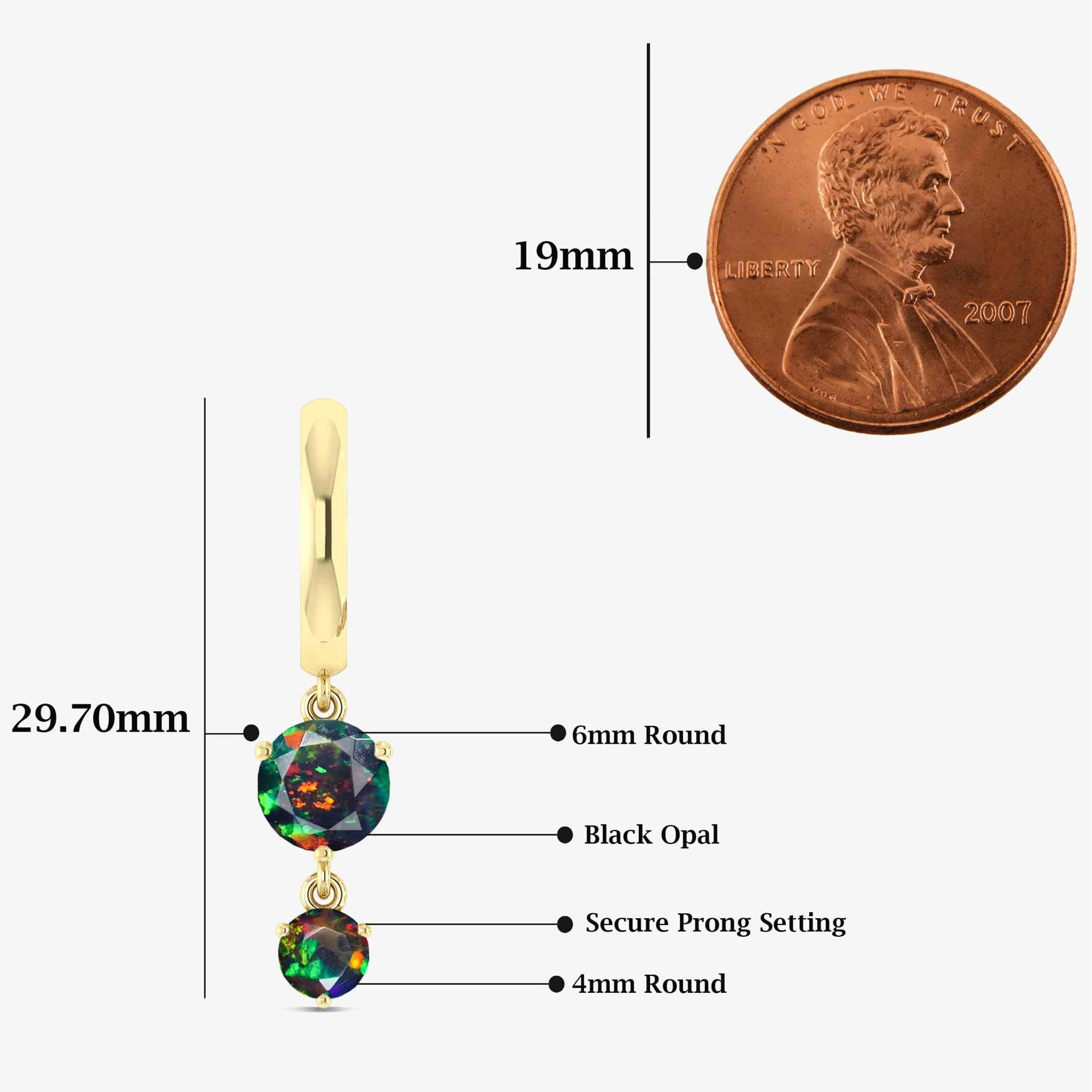 2 Round Stone Natural Black Opal Drop Hoop Earrings - Goodstone Jewels