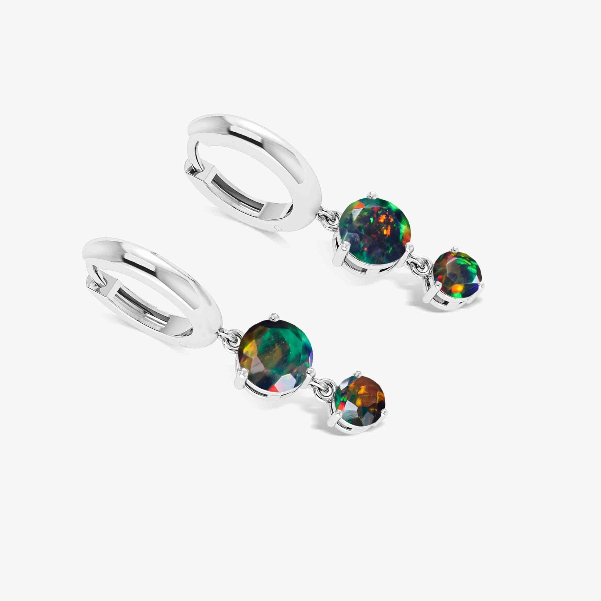 2 Round Stone Natural Black Opal Drop Hoop Earrings - Goodstone Jewels
