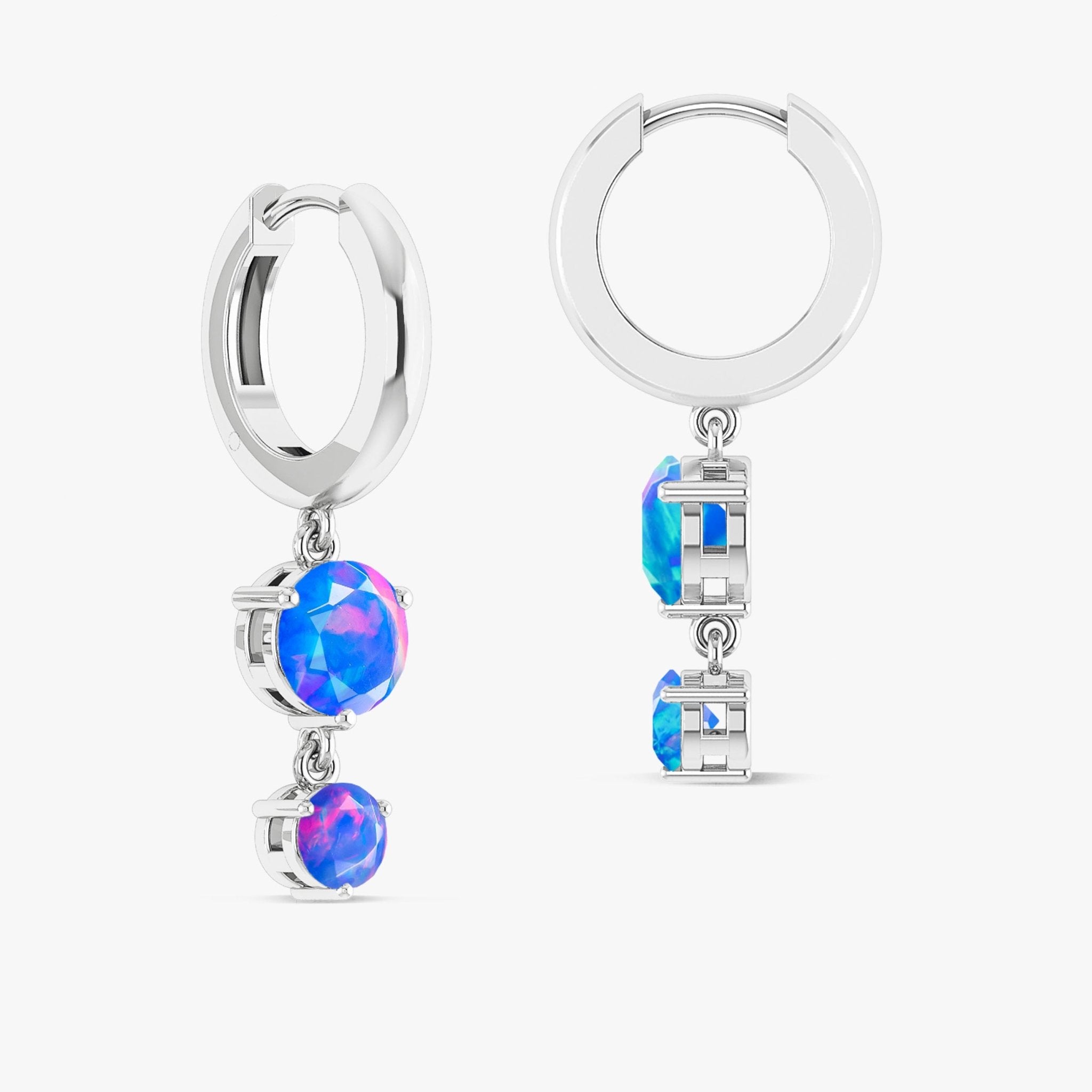 2 Round Stone Natural Blue Opal Drop Hoop Earrings - Goodstone Jewels