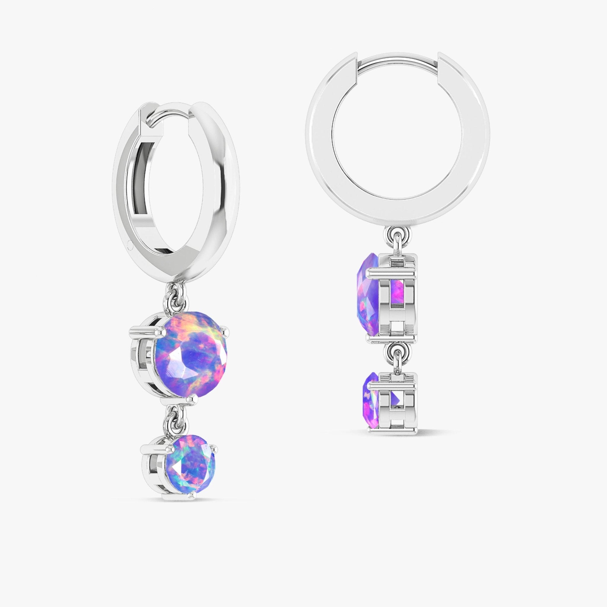 2 Round Stone Natural Lavender Opal Drop Hoop Earrings - Goodstone Jewels