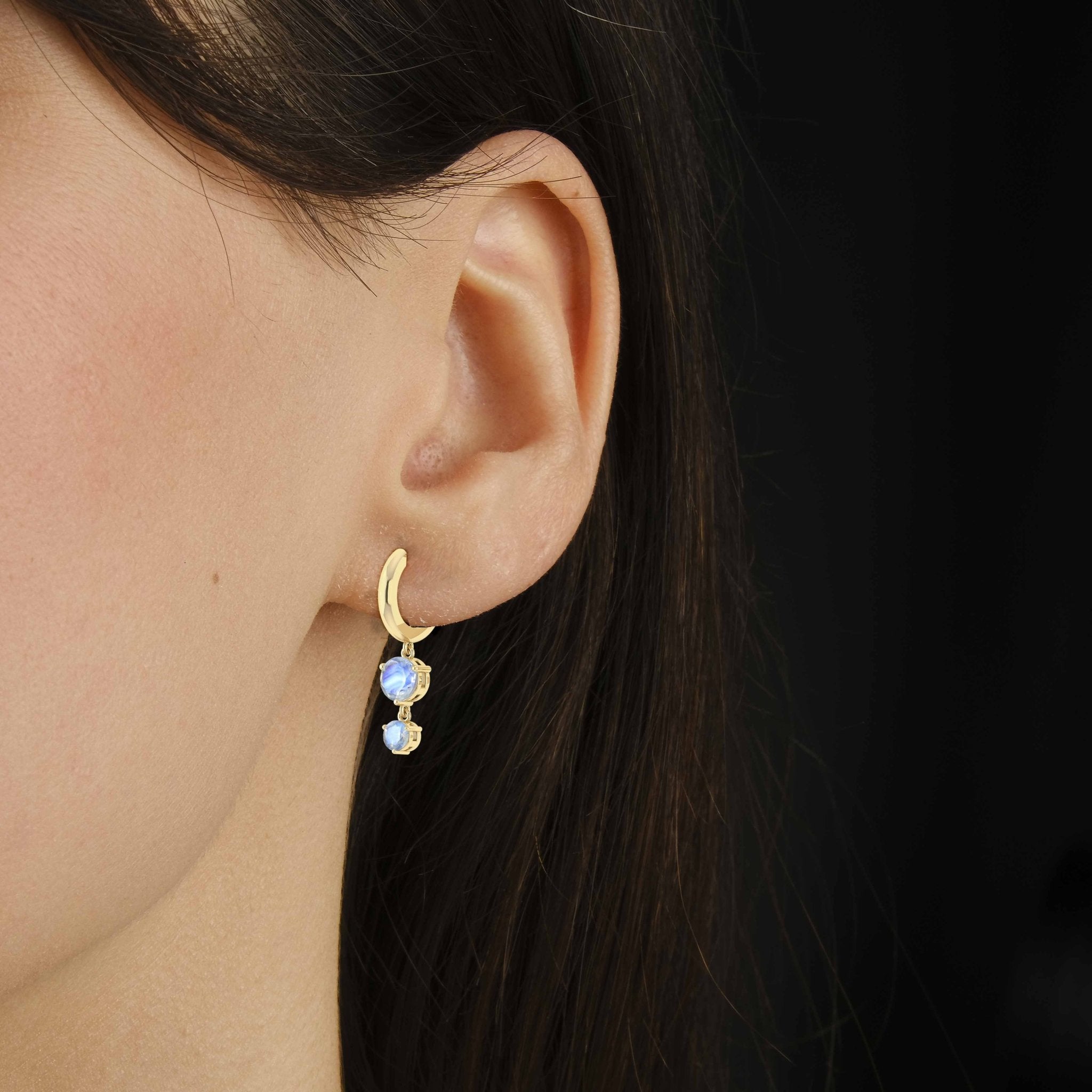 2 Round Stone Natural Moonstone Drop Hoop Earrings - Goodstone Jewels