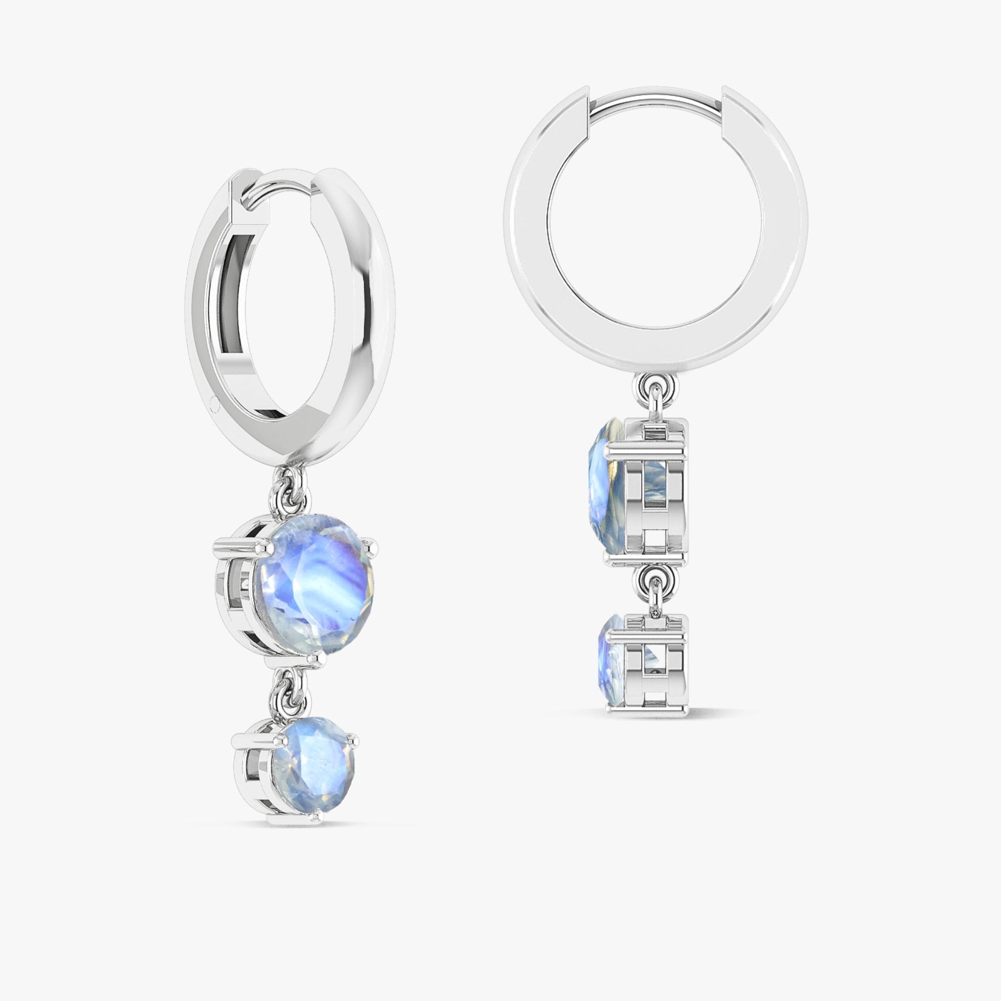 2 Round Stone Natural Moonstone Drop Hoop Earrings - Goodstone Jewels