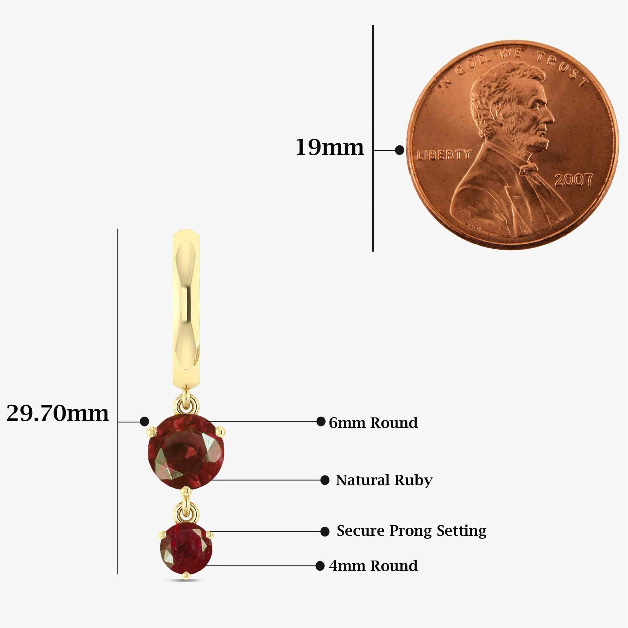 2 Round Stone Natural Ruby Drop Hoop Earrings - Goodstone Jewels