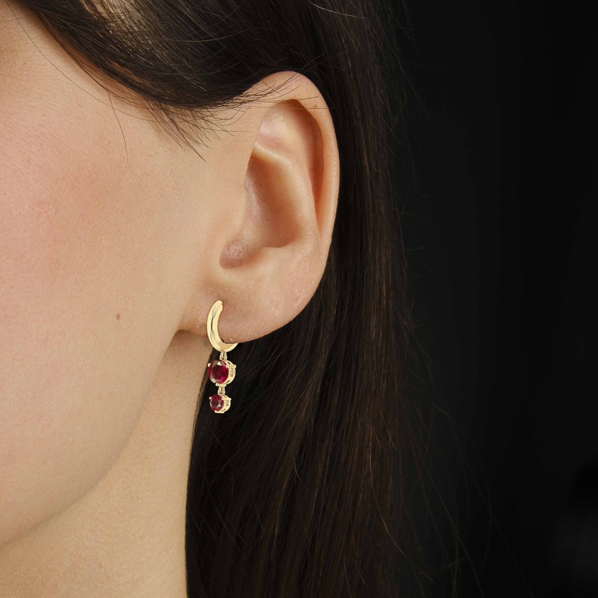 2 Round Stone Natural Ruby Drop Hoop Earrings - Goodstone Jewels