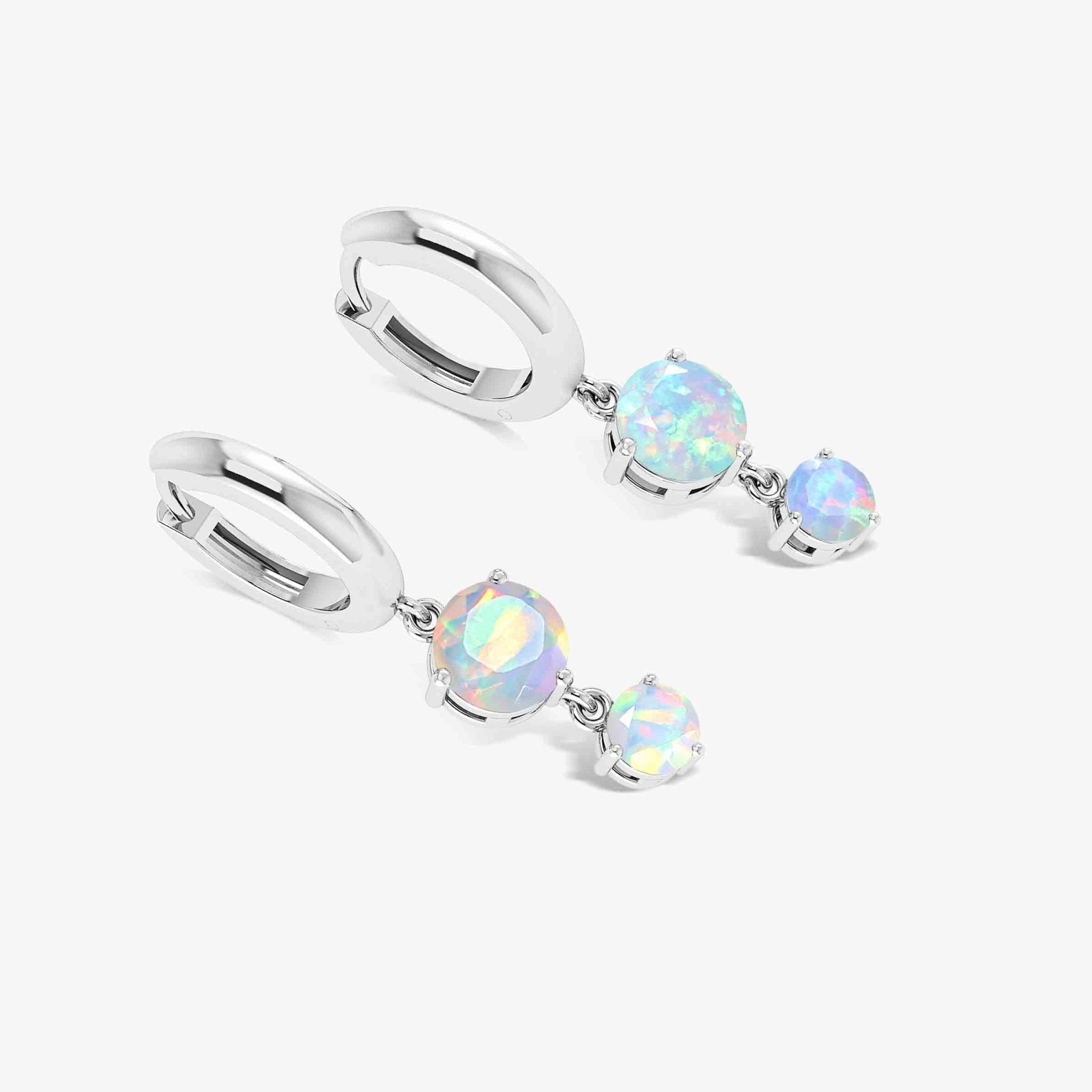 2 Round Stone Natural White Opal Drop Hoop Earrings - Goodstone Jewels