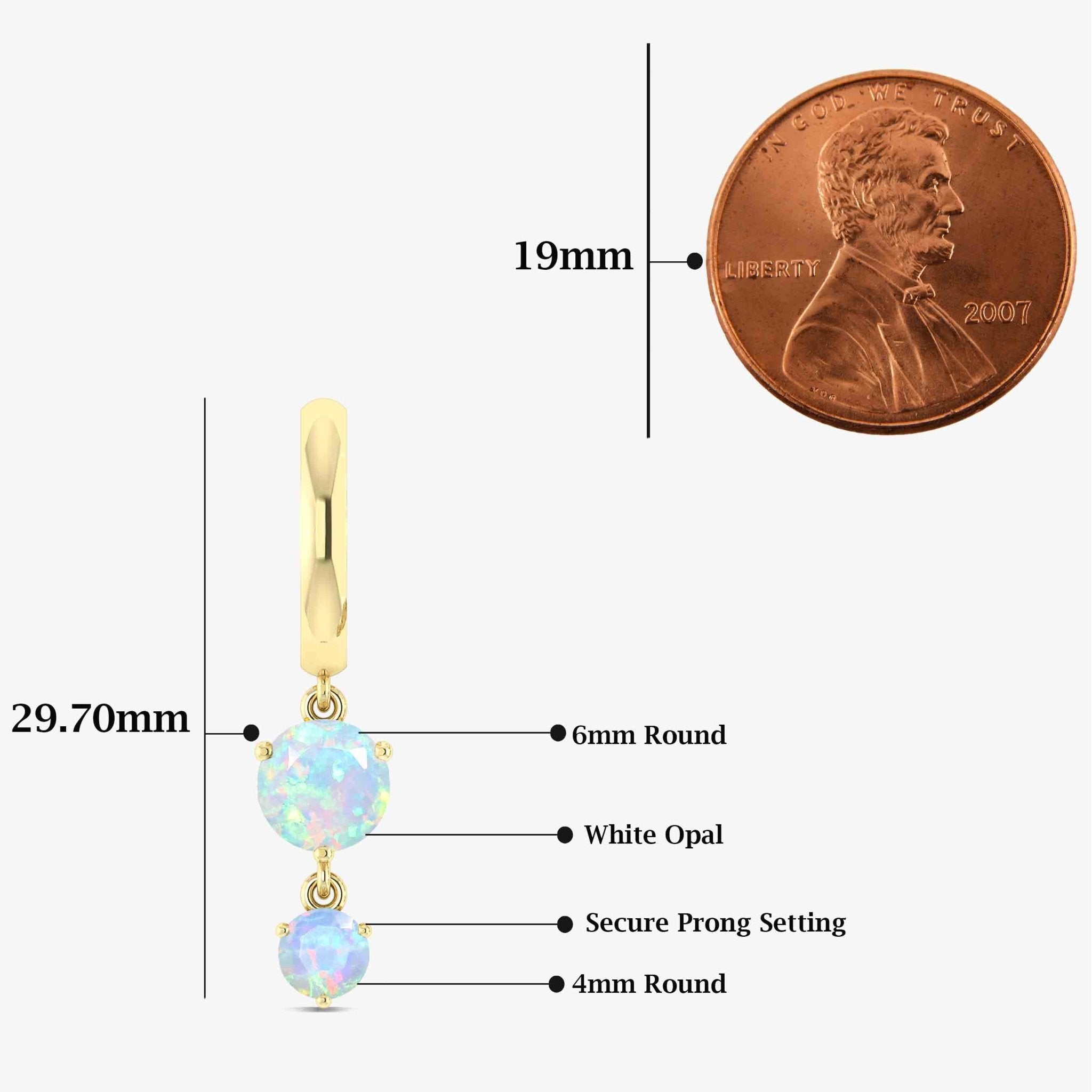 2 Round Stone Natural White Opal Drop Hoop Earrings - Goodstone Jewels