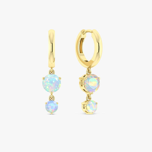 2 Round Stone Natural White Opal Drop Hoop Earrings