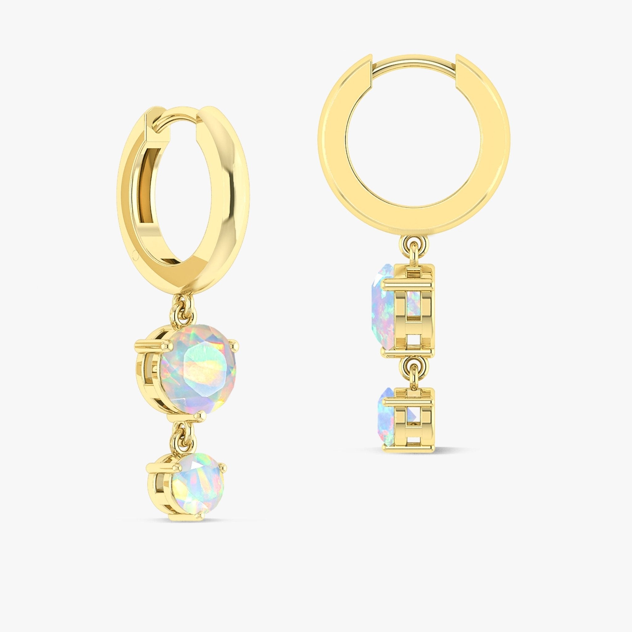2 Round Stone Natural White Opal Drop Hoop Earrings - Goodstone Jewels