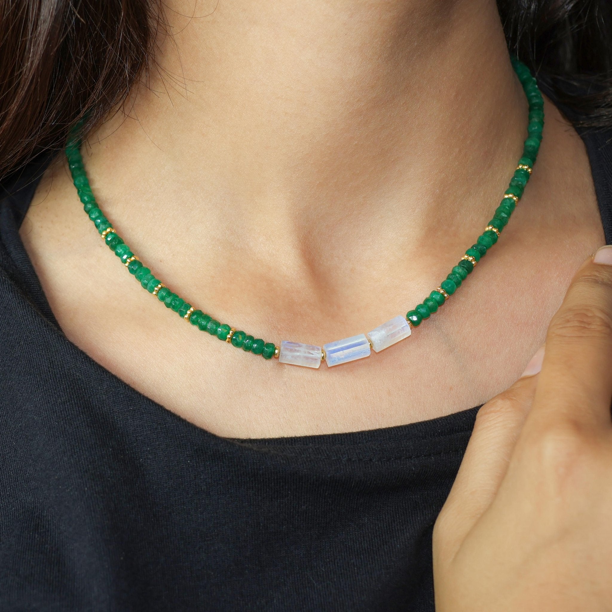 3 Pencil Beaded Necklace Natural Moonstone and Emerald - Goodstone Jewels