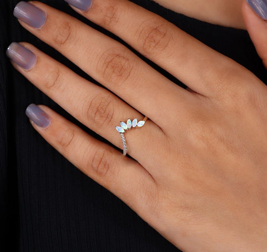 4 Marquise Natural fire Opal with small round zircon ring - Goodstone Jewels