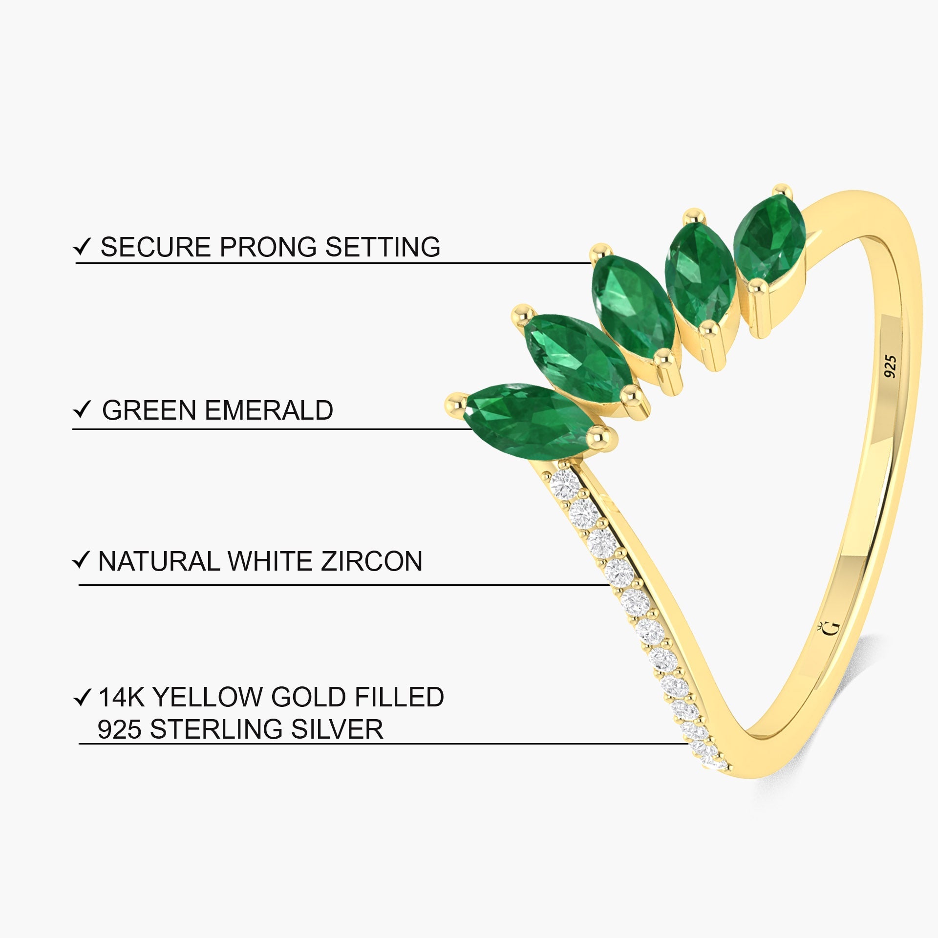 4 Marquise Shape Emerald 18K Gold Vermeil or silver ring - Goodstone Jewels