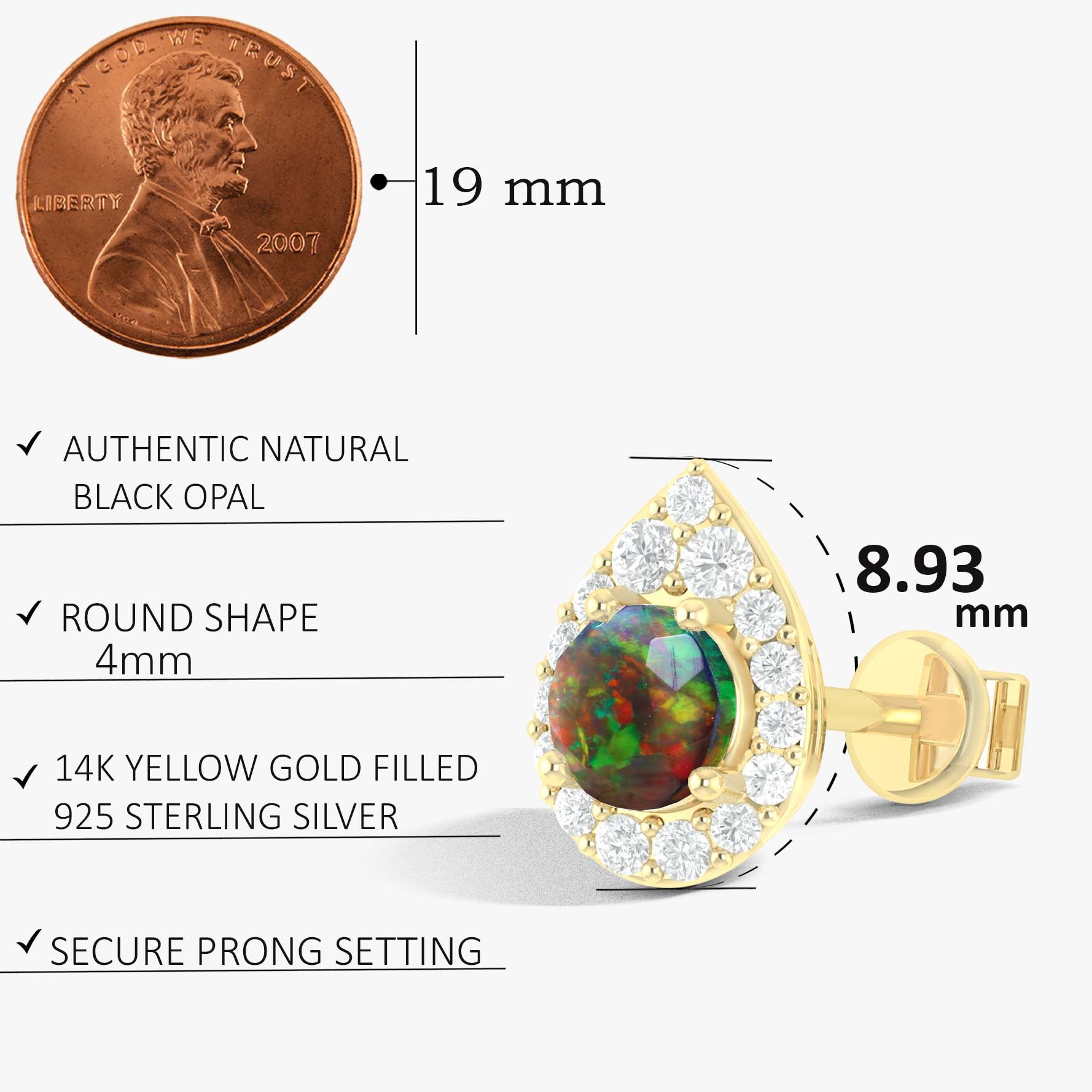 4MM Round Natural Black Opal Halo Stud Earrings with Push Back - Goodstone Jewels