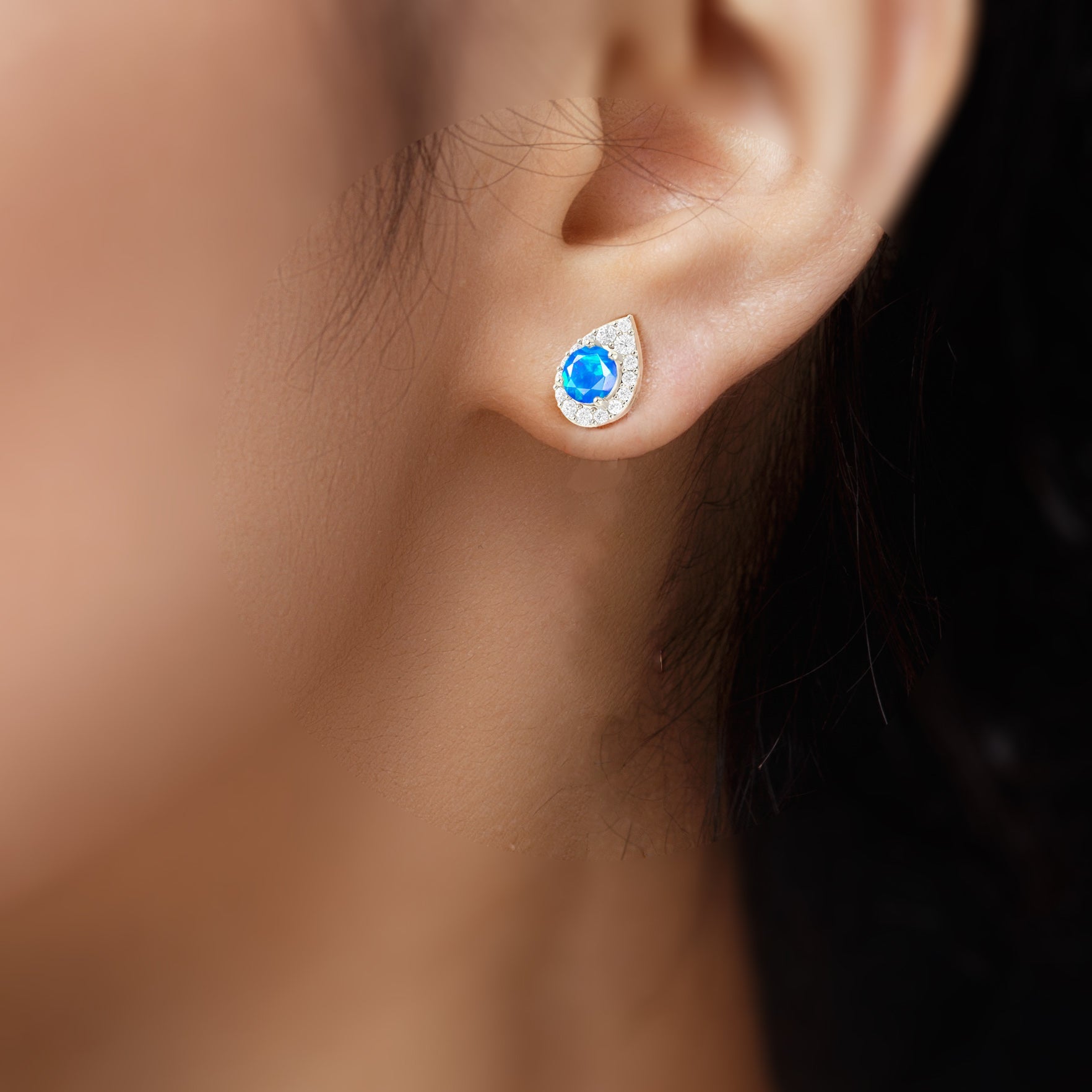 4MM Round Natural Blue Opal Halo Stud Earrings with Push Back - Goodstone Jewels