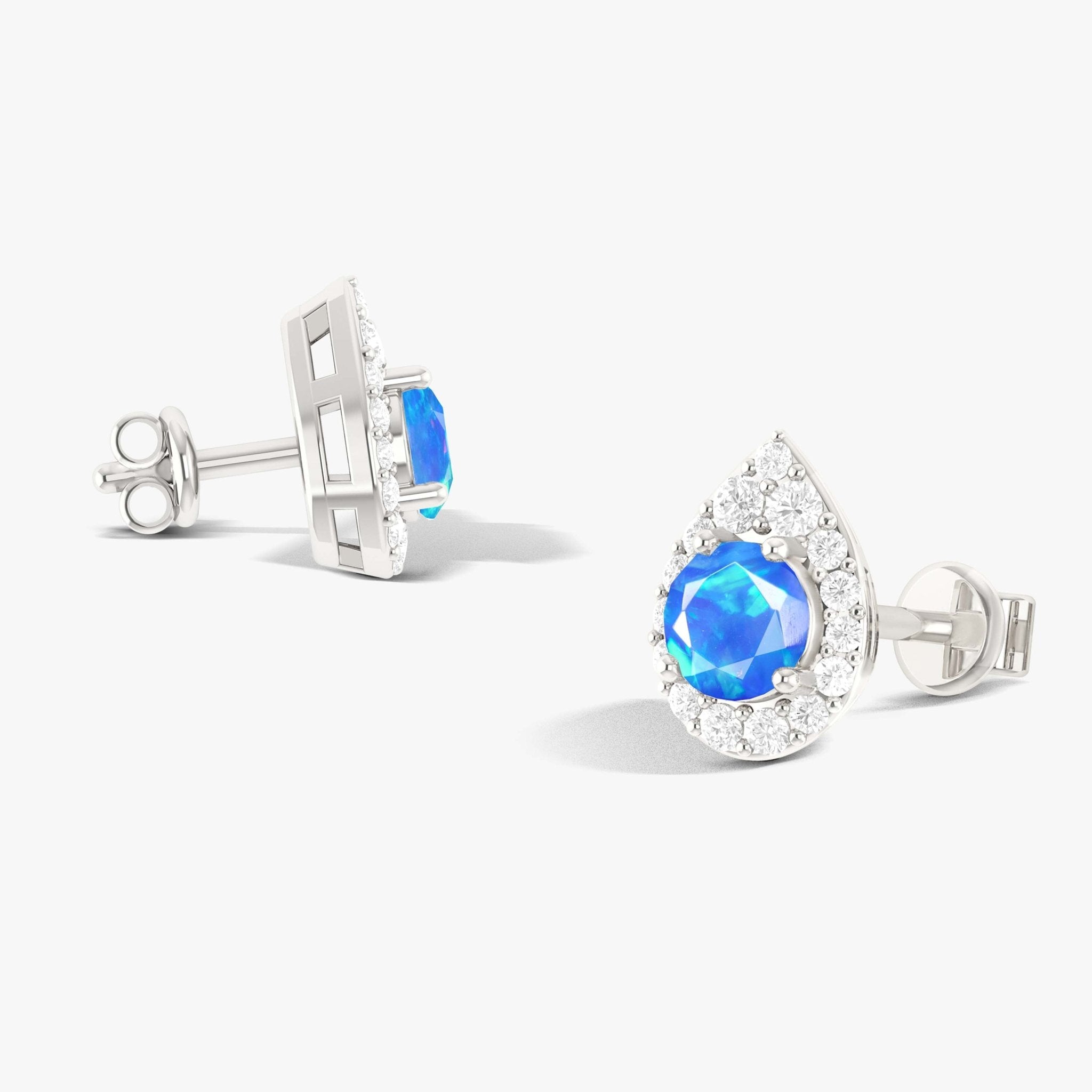4MM Round Natural Blue Opal Halo Stud Earrings with Push Back - Goodstone Jewels