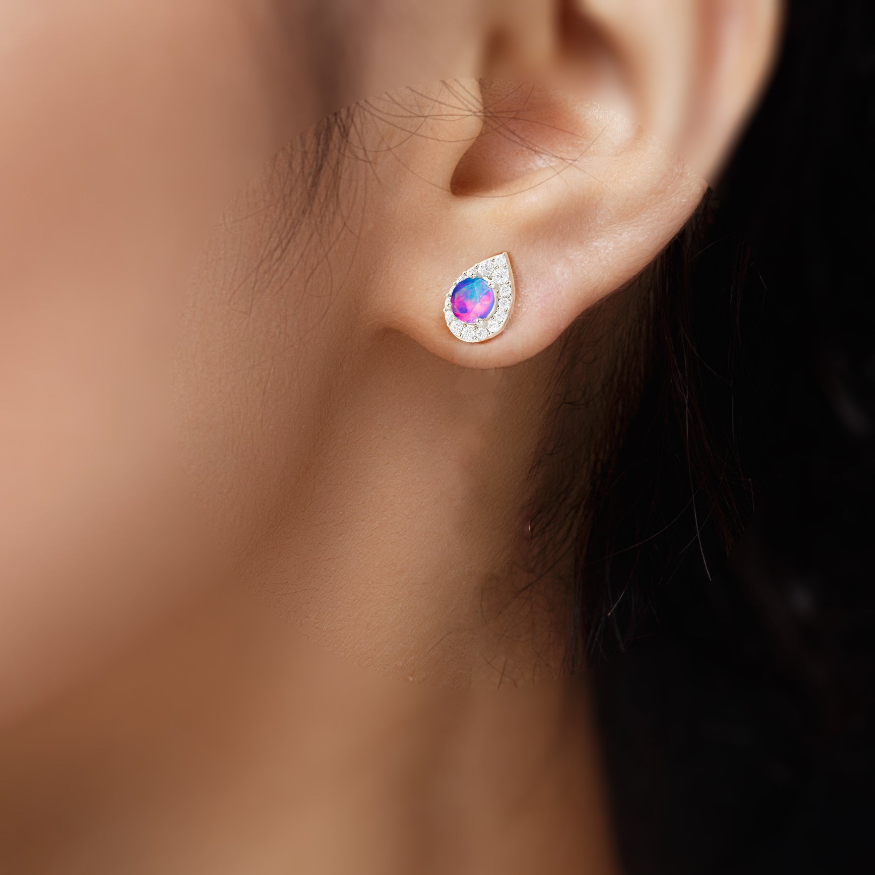 4MM Round Natural Lavender Opal Halo Stud Earrings with Push Back - Goodstone Jewels