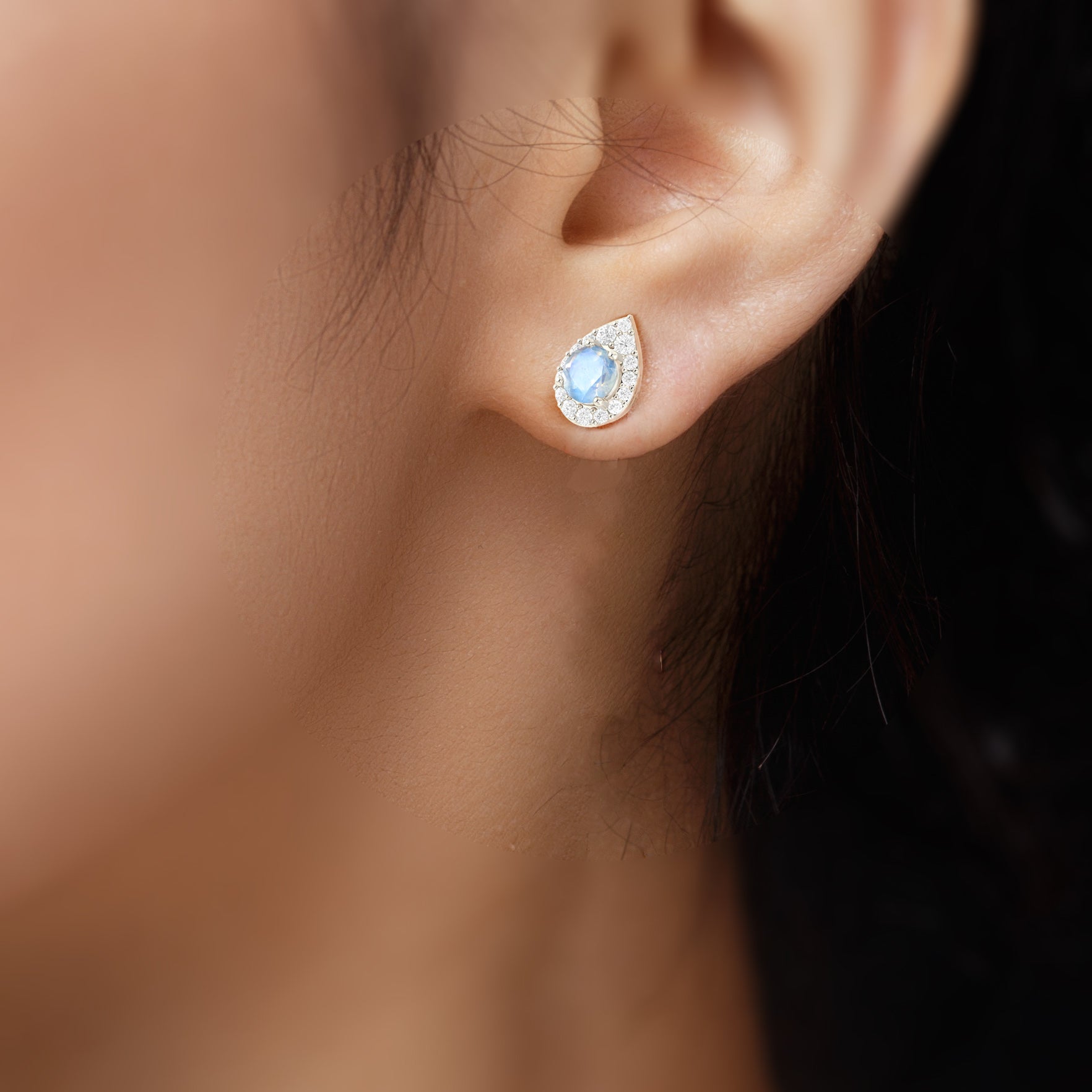 4MM Round Natural Moonstone Halo Stud Earrings with Push Back - Goodstone Jewels