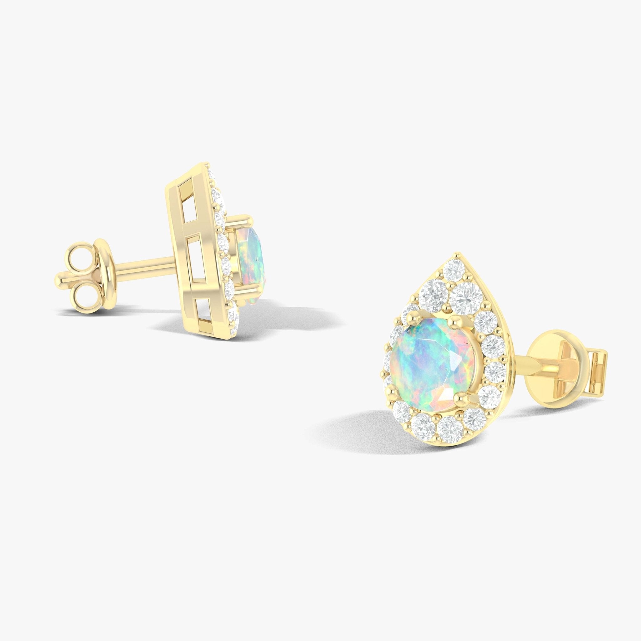 4MM Round Natural White Opal Halo Stud Earrings with Push Back - Goodstone Jewels