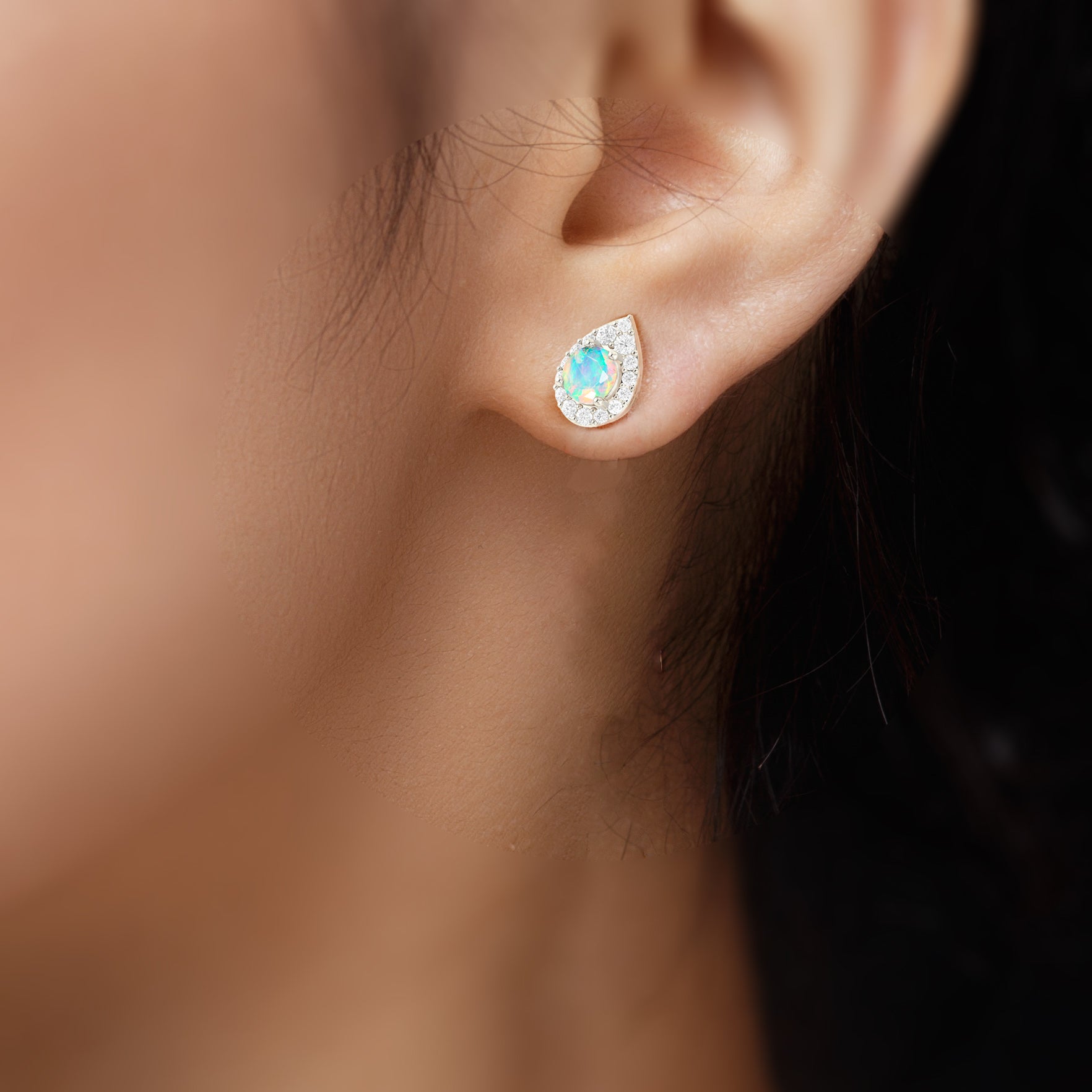 4MM Round Natural White Opal Halo Stud Earrings with Push Back - Goodstone Jewels
