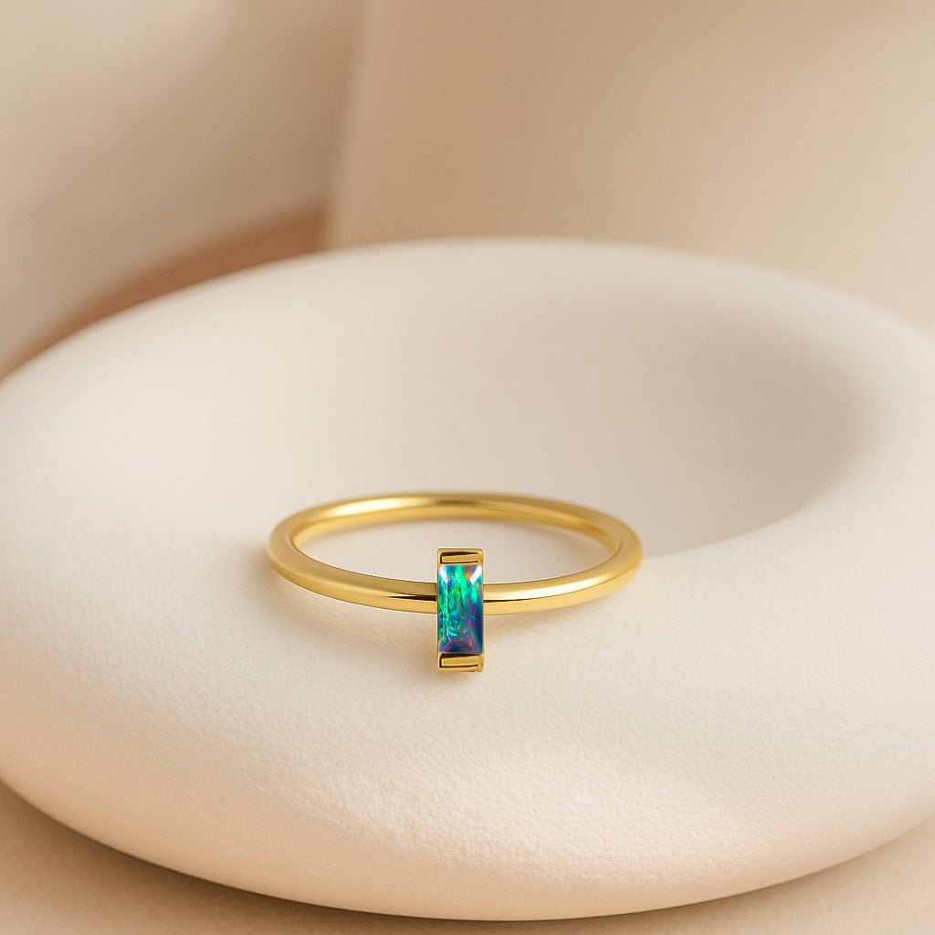 4X2MM Baguette Shape Black Opal Solitaire October Birthstone Ring - Goodstone Jewels