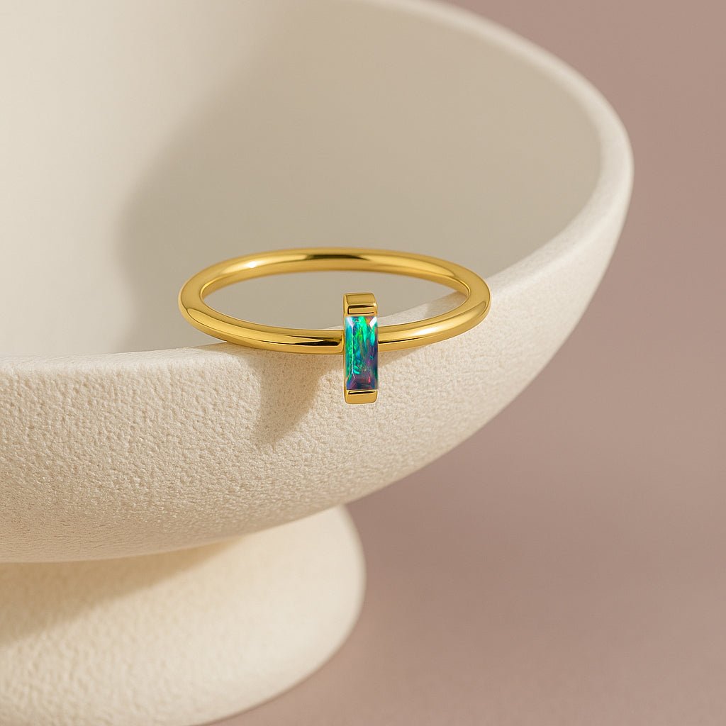 4X2MM Baguette Shape Black Opal Solitaire October Birthstone Ring - Goodstone Jewels