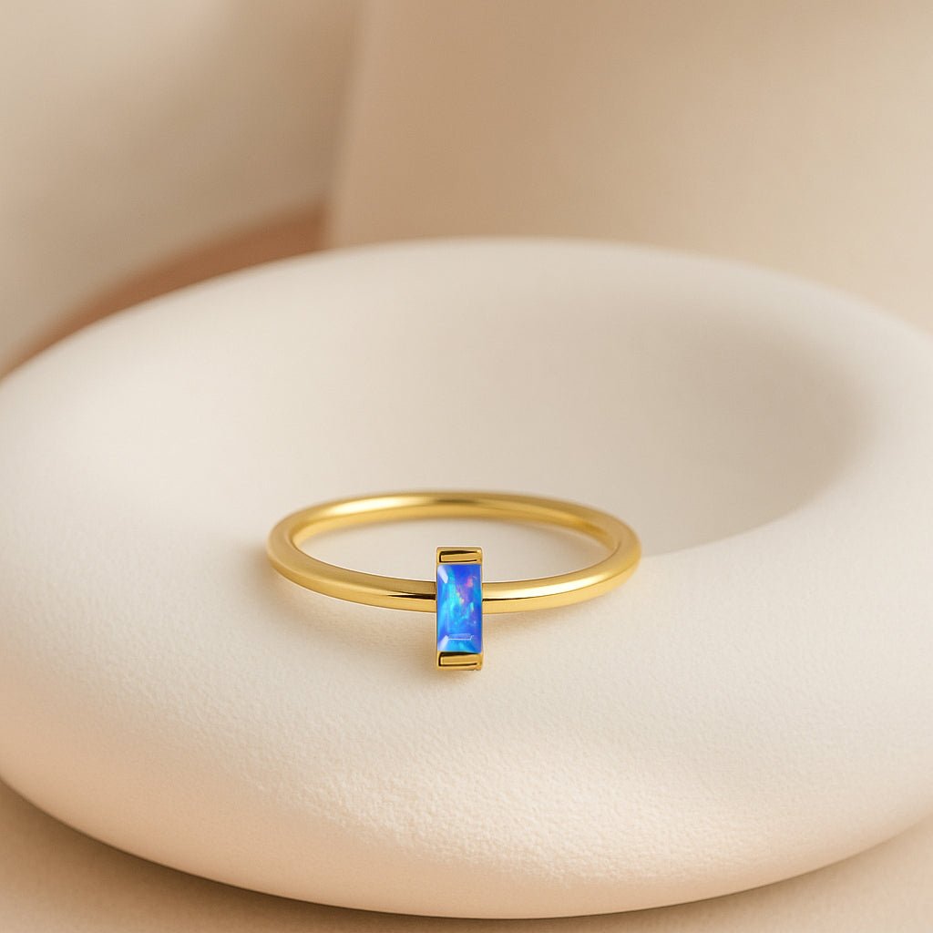 4X2MM Baguette Shape Blue Opal Solitaire October Birthstone Ring - Goodstone Jewels