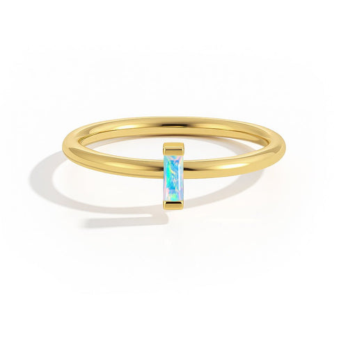 White Opal Solitaire Ring with 4X2MM Baguette Cut