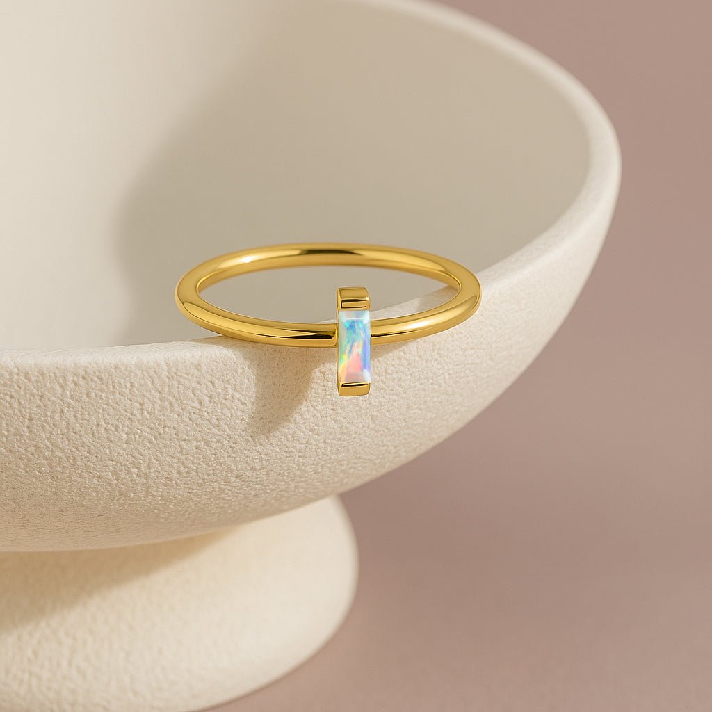 4X2MM Baguette Shape White Opal Solitaire October Birthstone Ring - Goodstone Jewels
