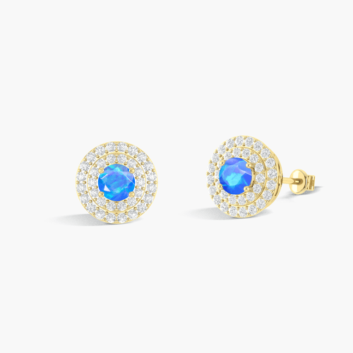 5MM Round Natural Blue Opal Halo Stud Earrings with Push Back