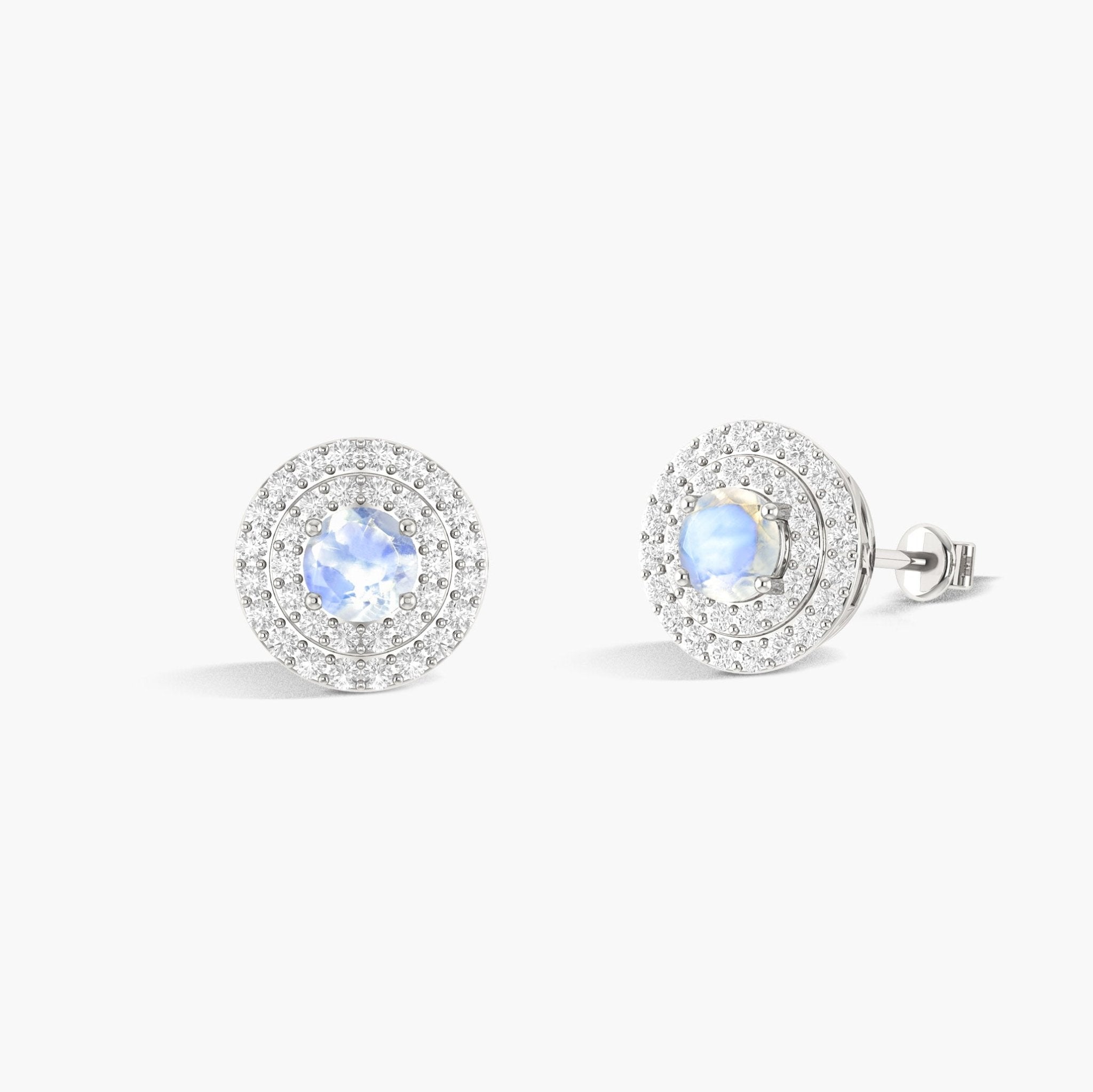5MM Round Natural Moonstone Halo Stud Earrings with Puch Back - Goodstone Jewels