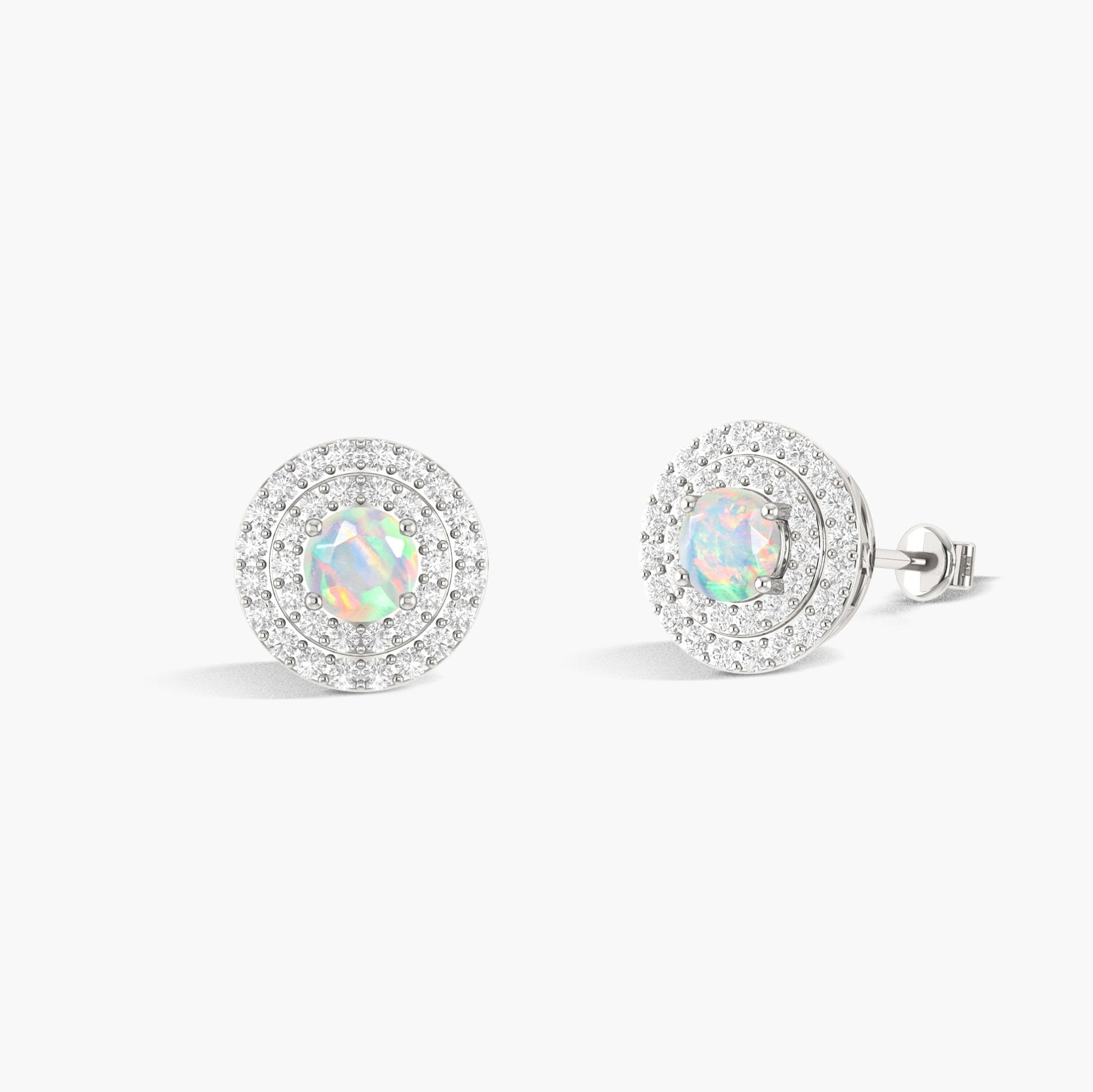5MM Round Natural White Opal Halo Stud Earrings with Puch Back - Goodstone Jewels