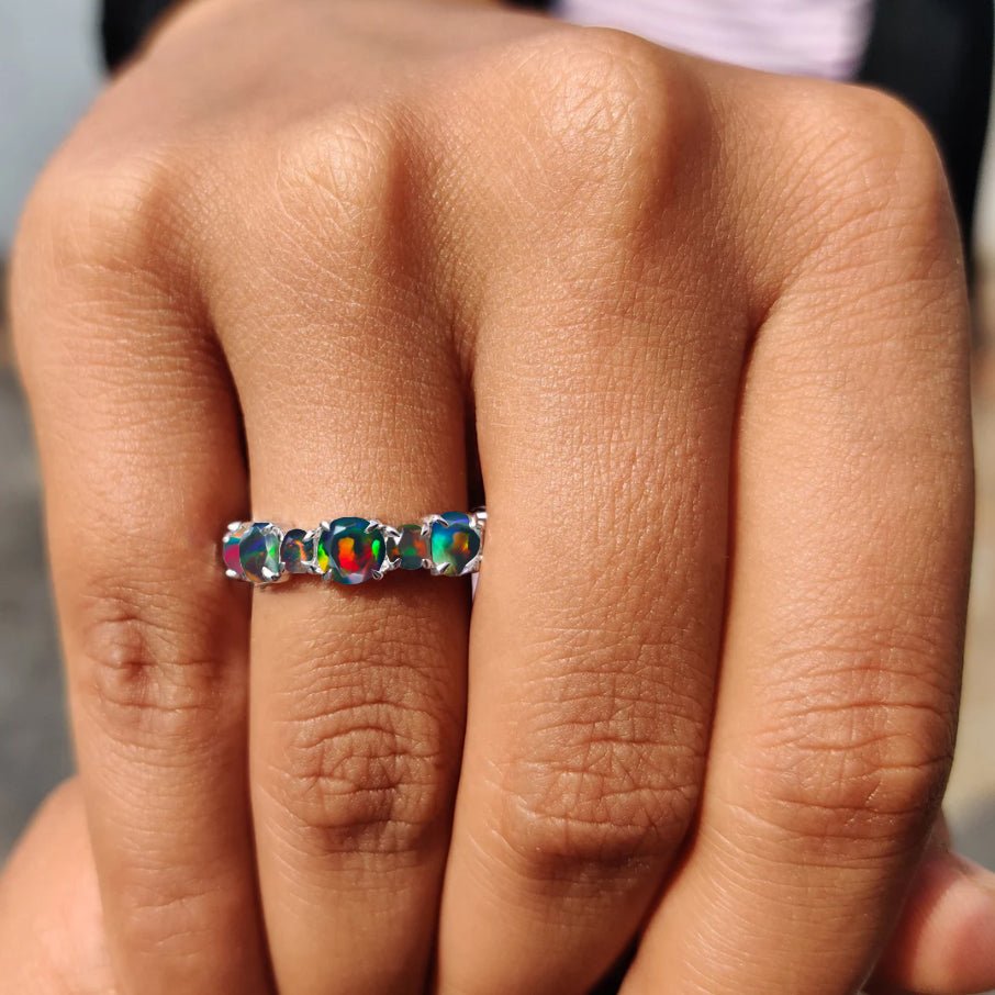 6MM Round Natural Black Opal Full Eternity Wedding Band Ring - Goodstone Jewels