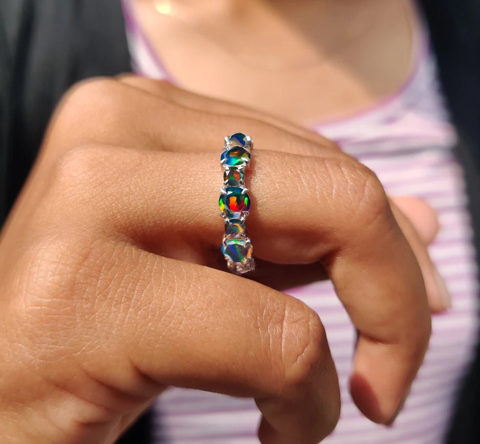 6MM Round Natural Black Opal Full Eternity Wedding Band Ring - Goodstone Jewels