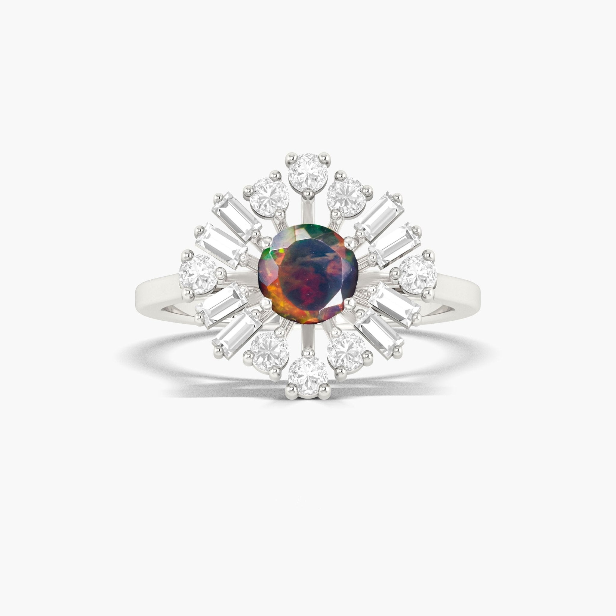 6MM Round Natural Black Opal with White Zircon Halo Ring - Goodstone Jewels