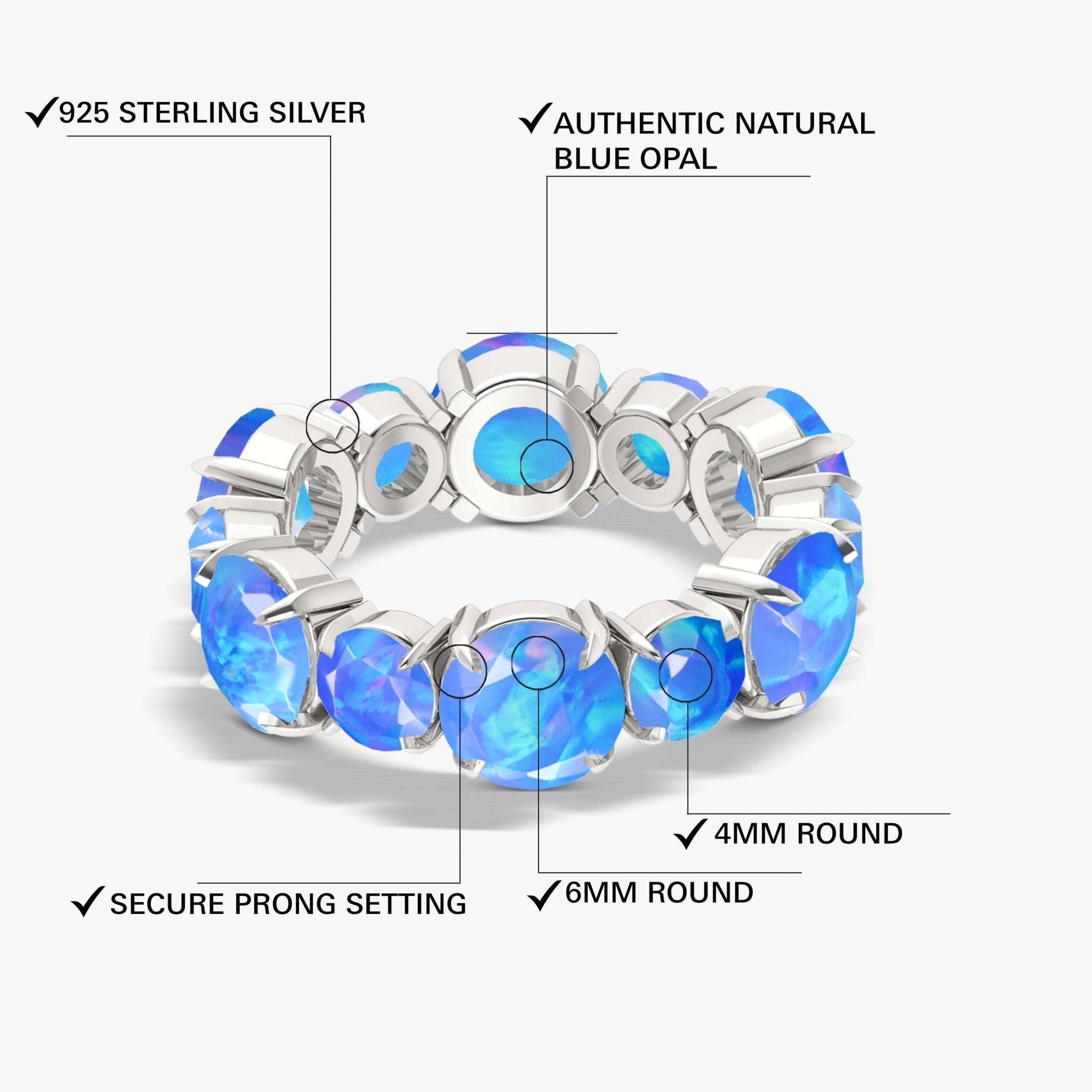 6MM Round Natural Blue Opal Full Eternity Wedding Band Ring - Goodstone Jewels