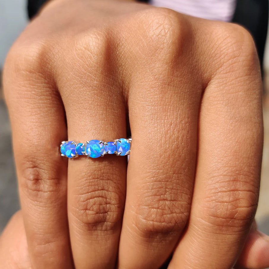 6MM Round Natural Blue Opal Full Eternity Wedding Band Ring - Goodstone Jewels