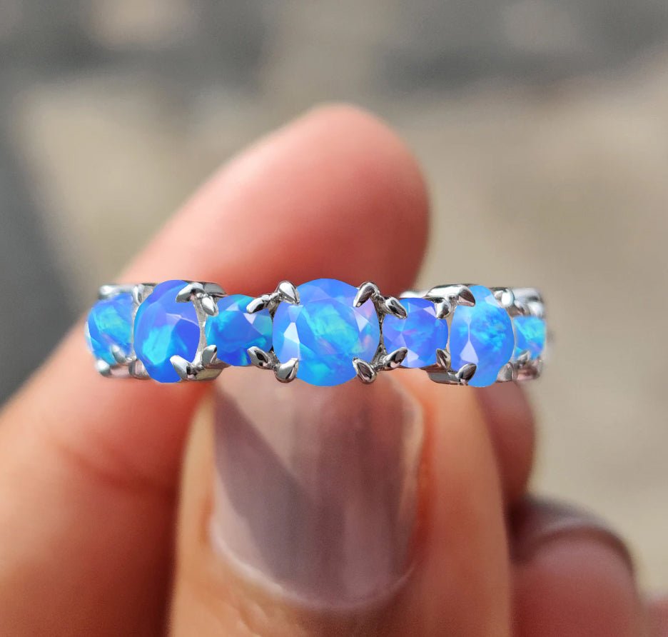 6MM Round Natural Blue Opal Full Eternity Wedding Band Ring - Goodstone Jewels