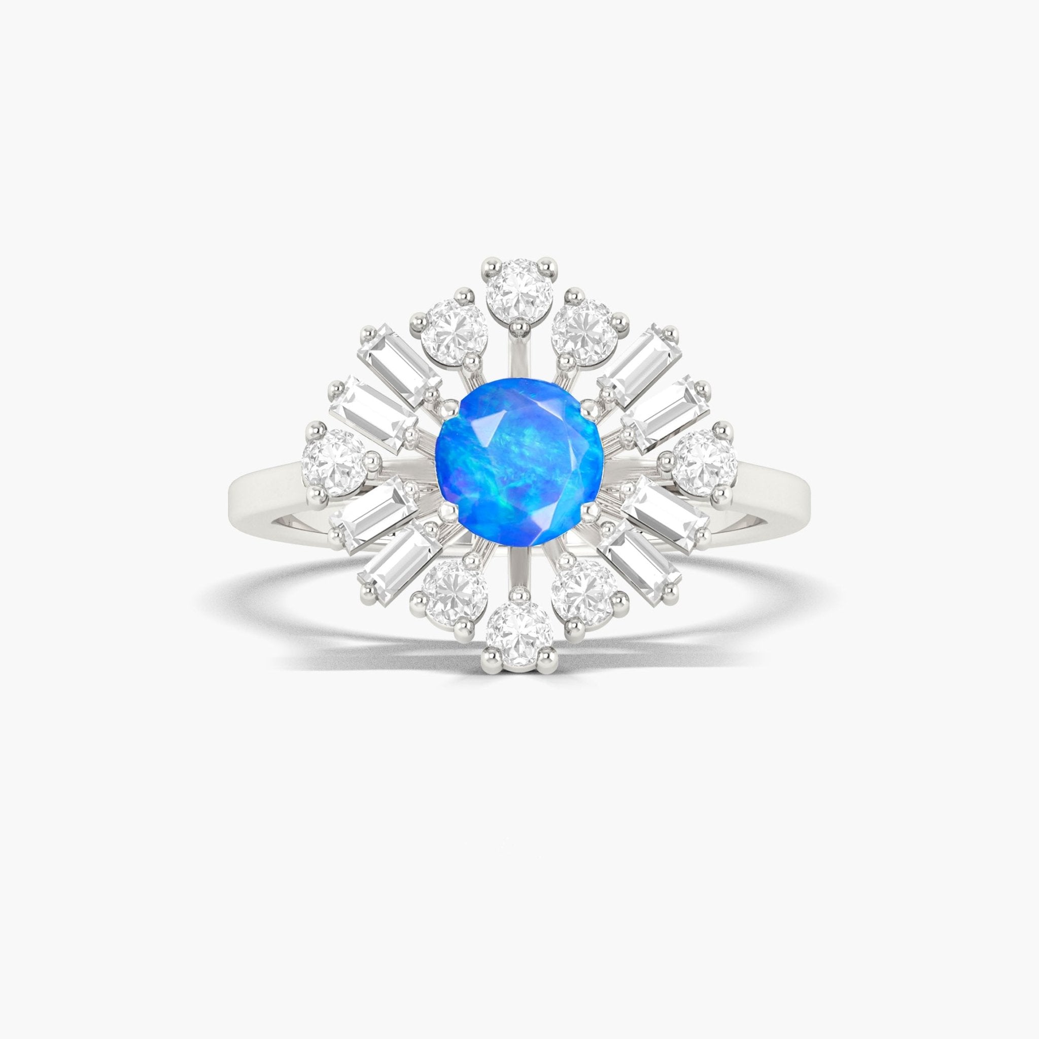 6MM Round Natural Blue Opal with White Zircon Halo Ring - Goodstone Jewels