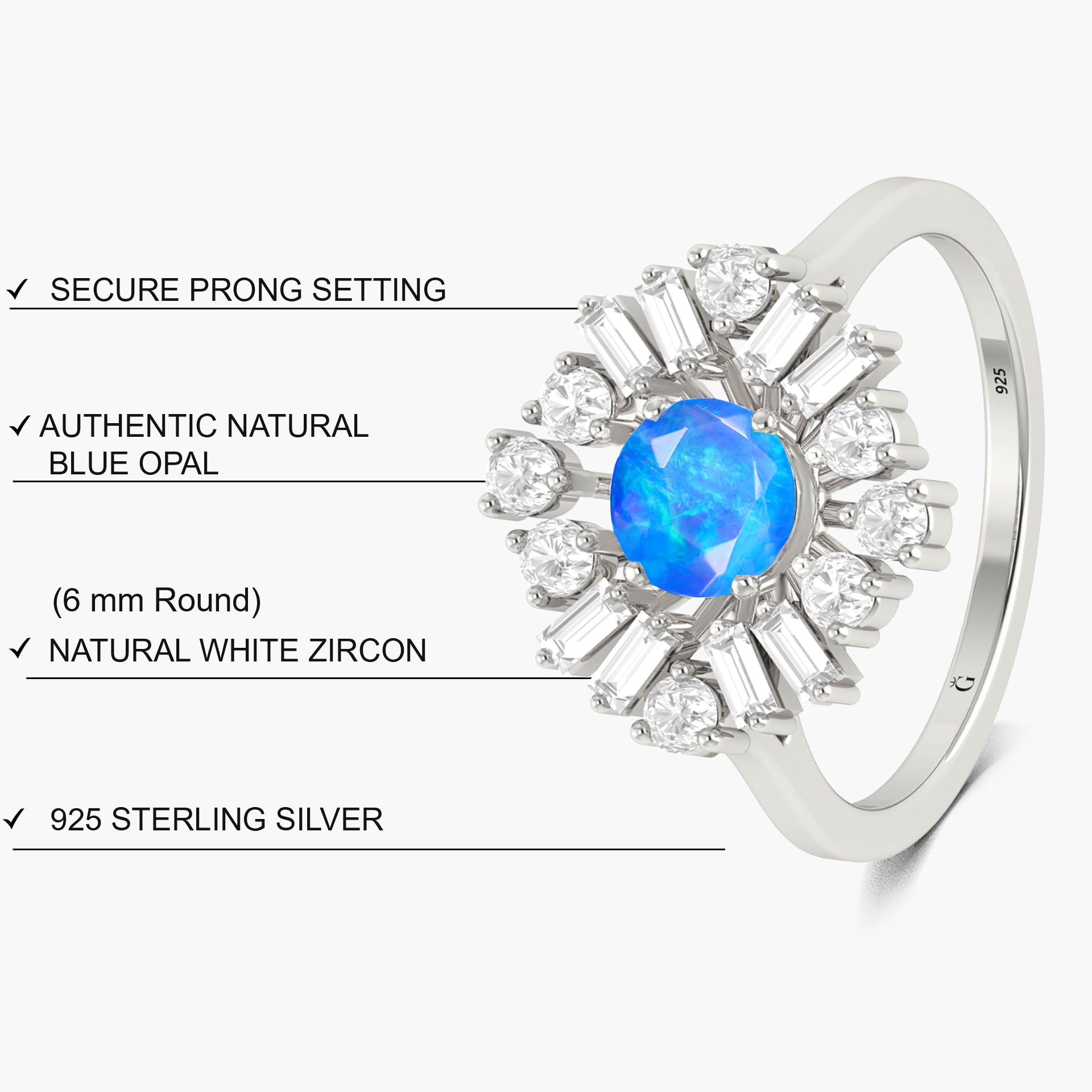 6MM Round Natural Blue Opal with White Zircon Halo Ring - Goodstone Jewels