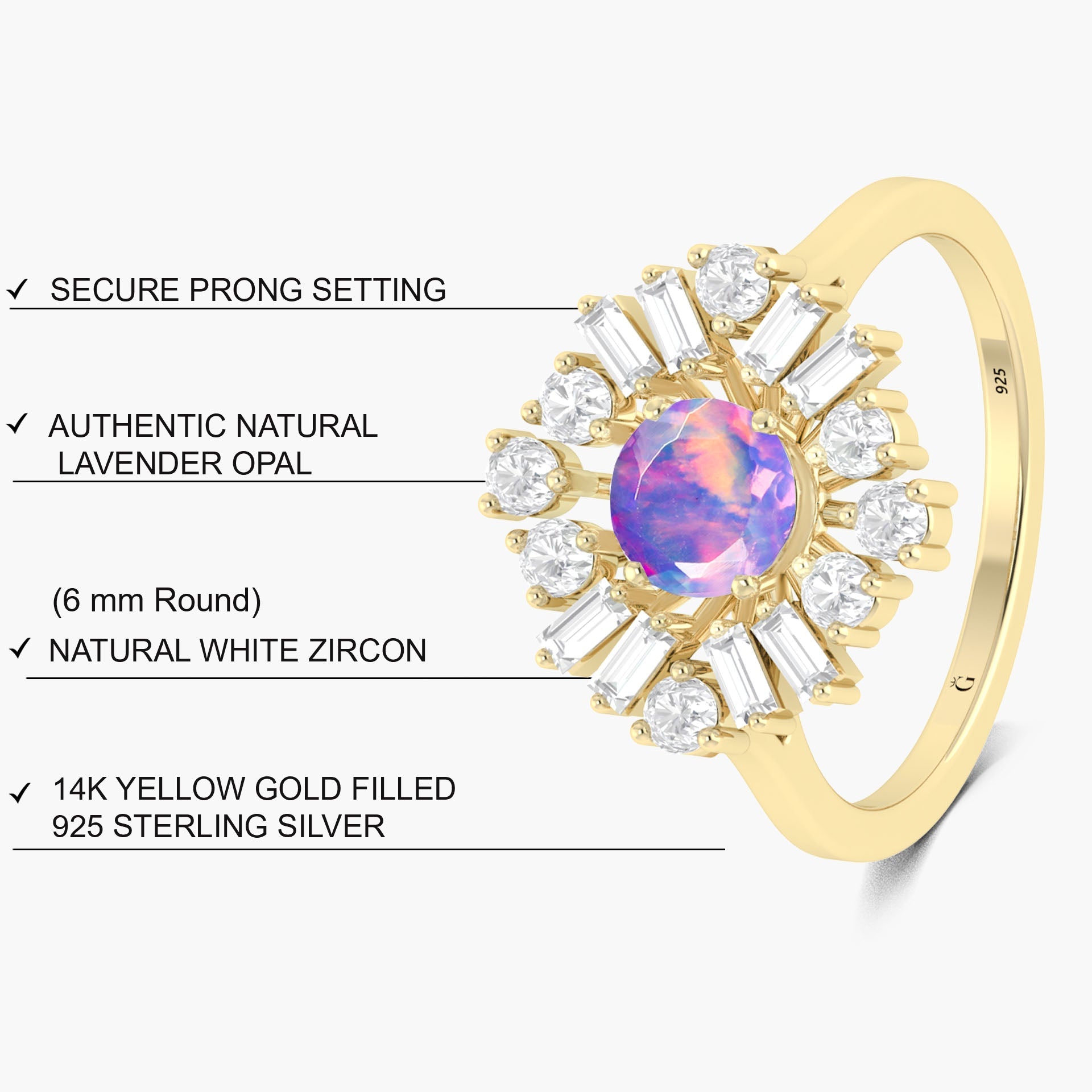 6MM Round Natural Lavender Opal with White Zircon Halo Ring - Goodstone Jewels