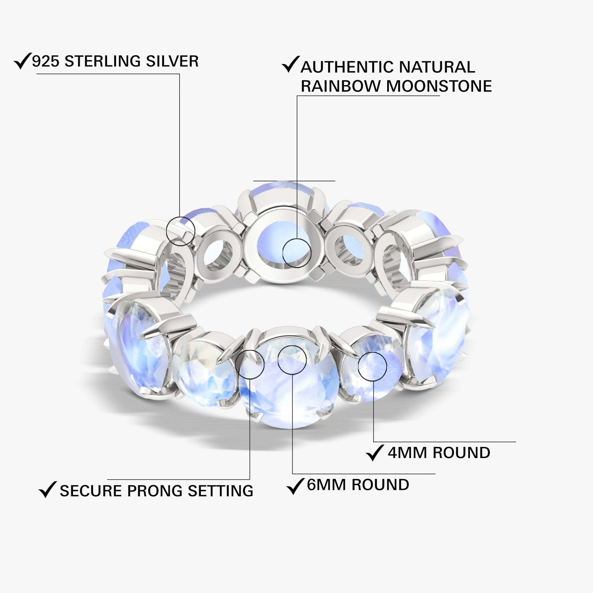 6MM Round Natural Moonstone Full Eternity Wedding Band Ring - Goodstone Jewels