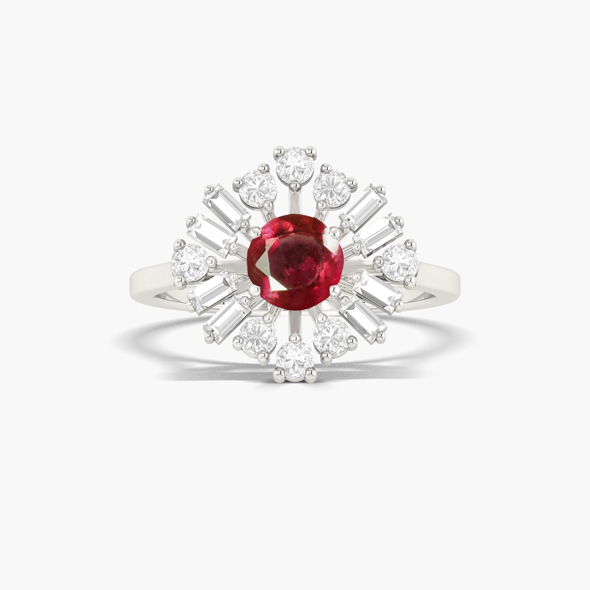 6MM Round Natural Ruby with White Zircon Halo Ring - Goodstone Jewels