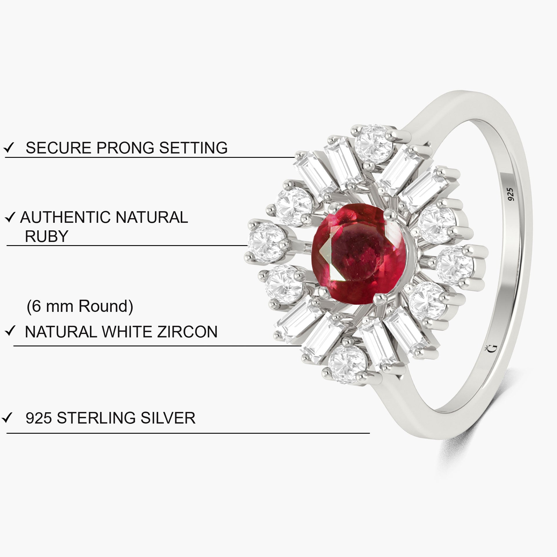 6MM Round Natural Ruby with White Zircon Halo Ring - Goodstone Jewels