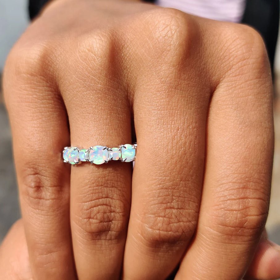 6MM Round Natural White Opal Full Eternity Wedding Band Ring - Goodstone Jewels