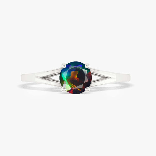 Black Opal Solitaire Ring 6MM Faceted Gemstone