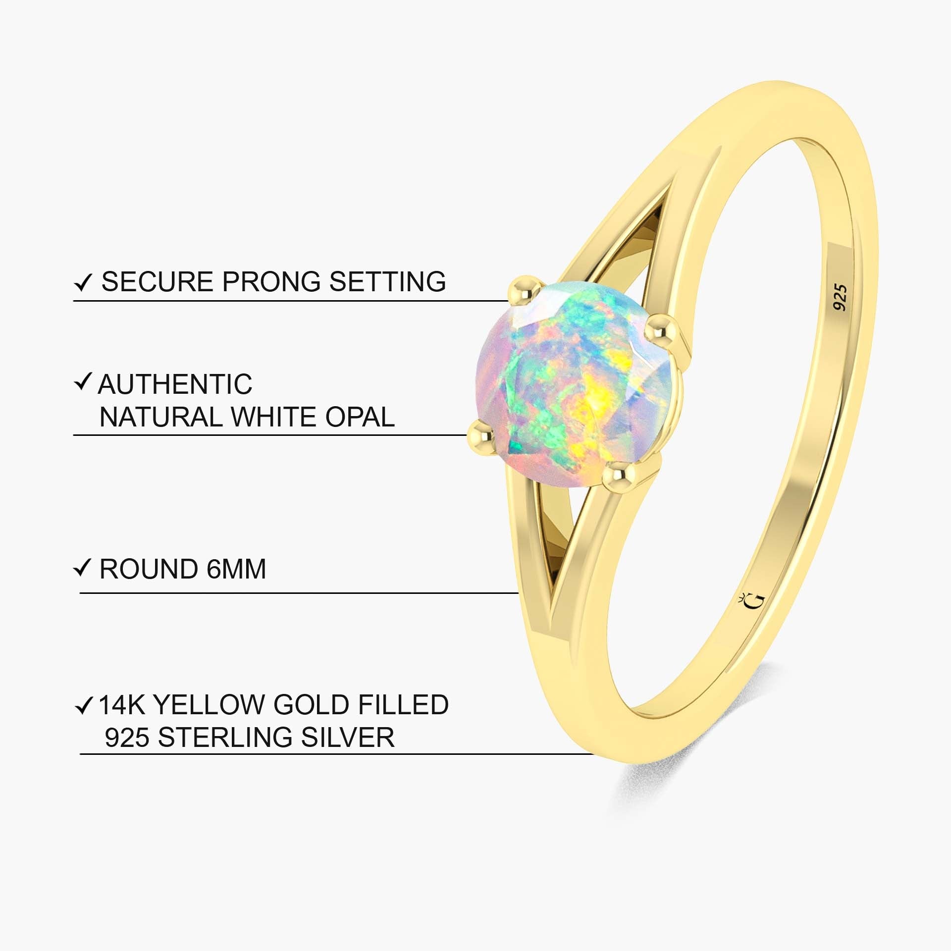 6MM Round Shape Natural White Opal Faceted Cut Solitaire Ring - Goodstone Jewels