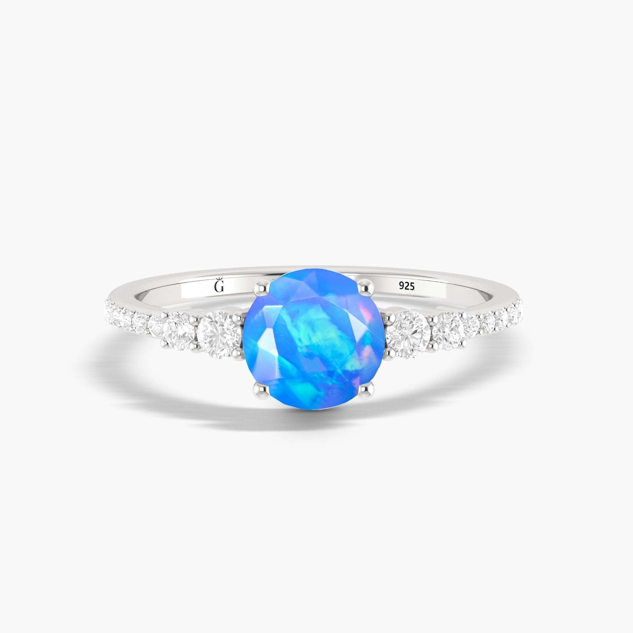 7 MM Round Shape Natural Blue Opal Wedding Ring with White Zircon - Goodstone Jewels