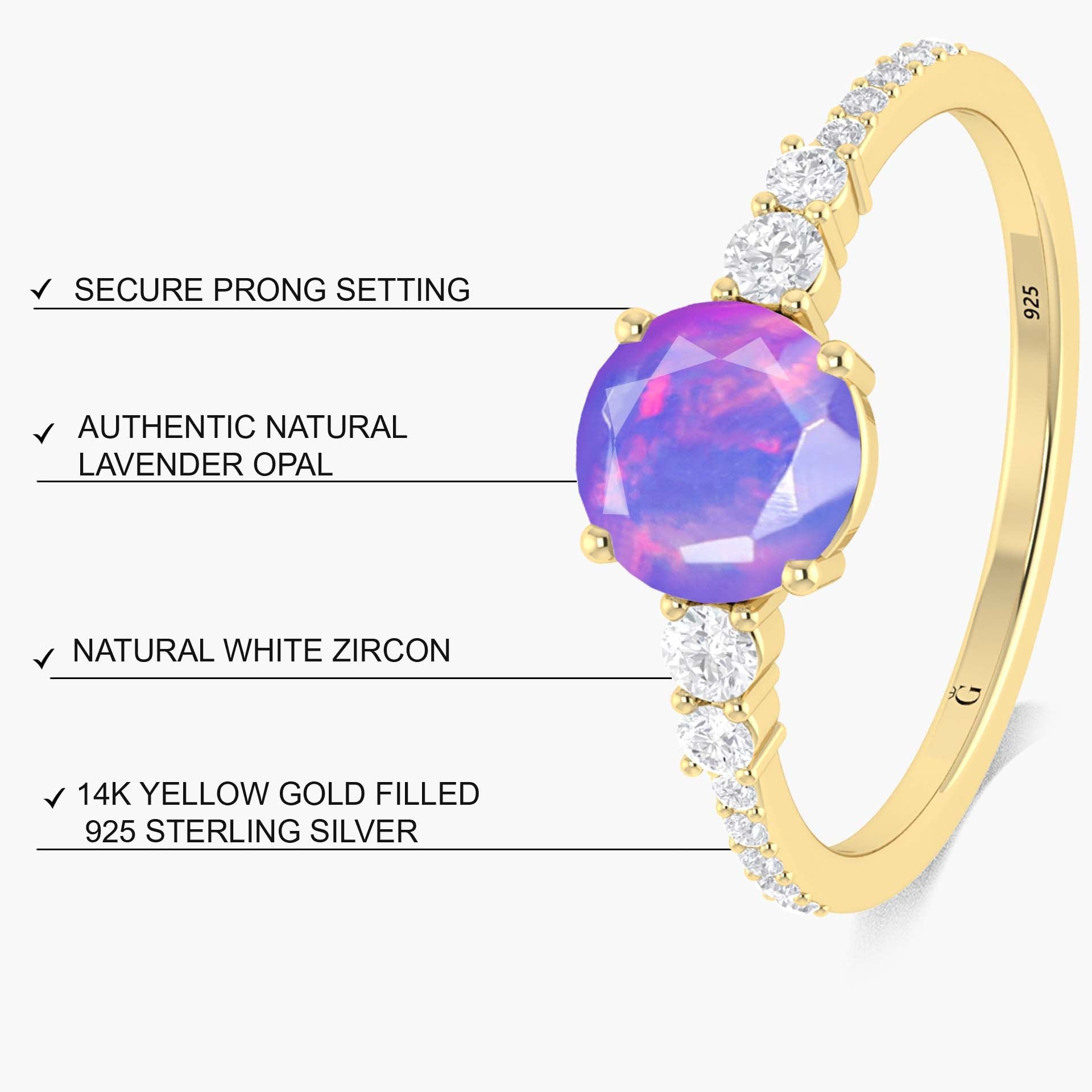 7 MM Round Shape Natural Lavender Opal Wedding Ring with White Zircon - Goodstone Jewels